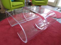 Pair Thick Lucite Scroll Cocktail Coffee Tables, style of Karl Springer, 1970s