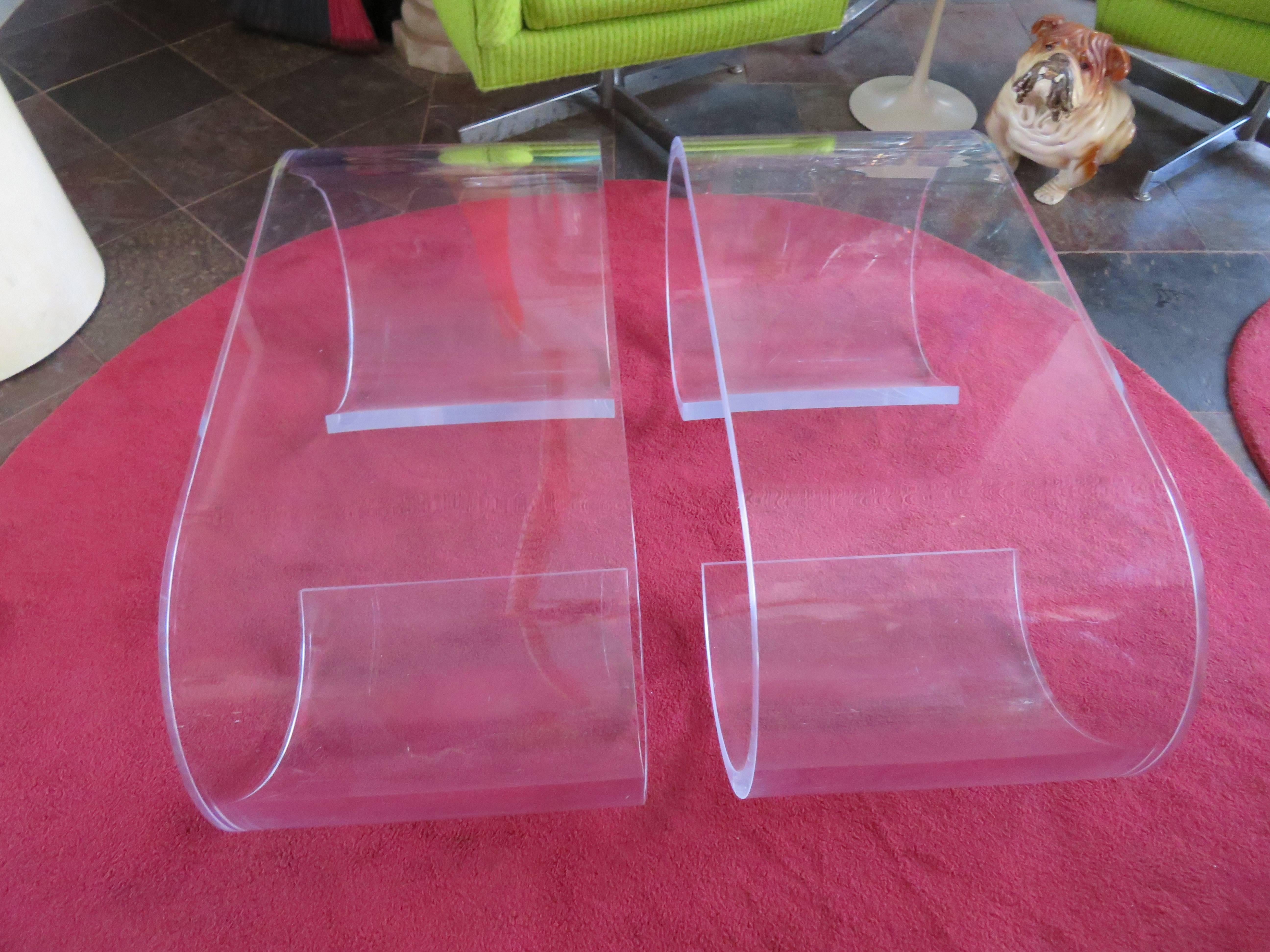 Mid-Century Modern Pair Thick Lucite Scroll Cocktail Coffee Tables, style of Karl Springer, 1970s For Sale
