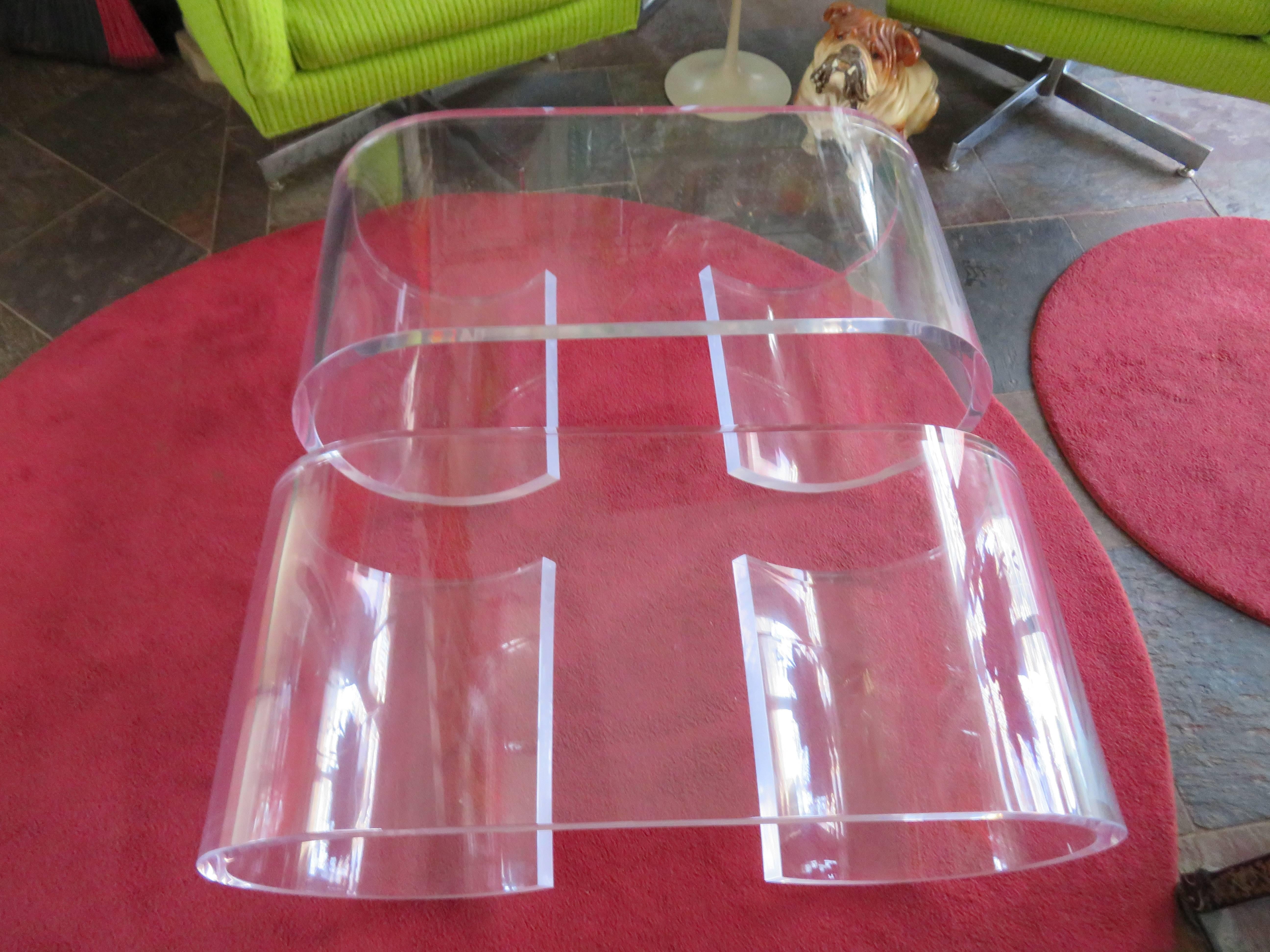 American Pair Thick Lucite Scroll Cocktail Coffee Tables, style of Karl Springer, 1970s For Sale