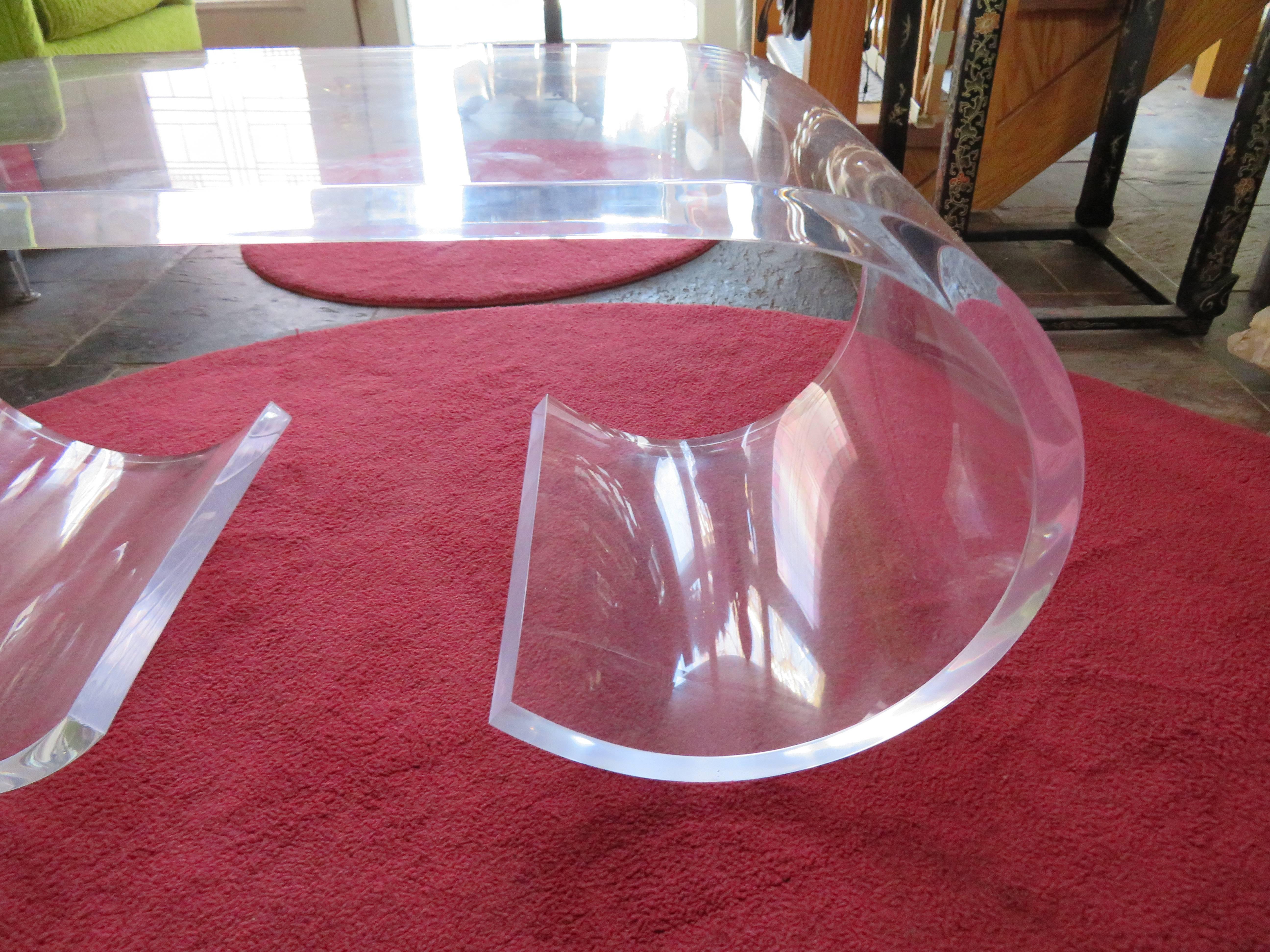 Pair Thick Lucite Scroll Cocktail Coffee Tables, style of Karl Springer, 1970s In Excellent Condition For Sale In Pemberton, NJ