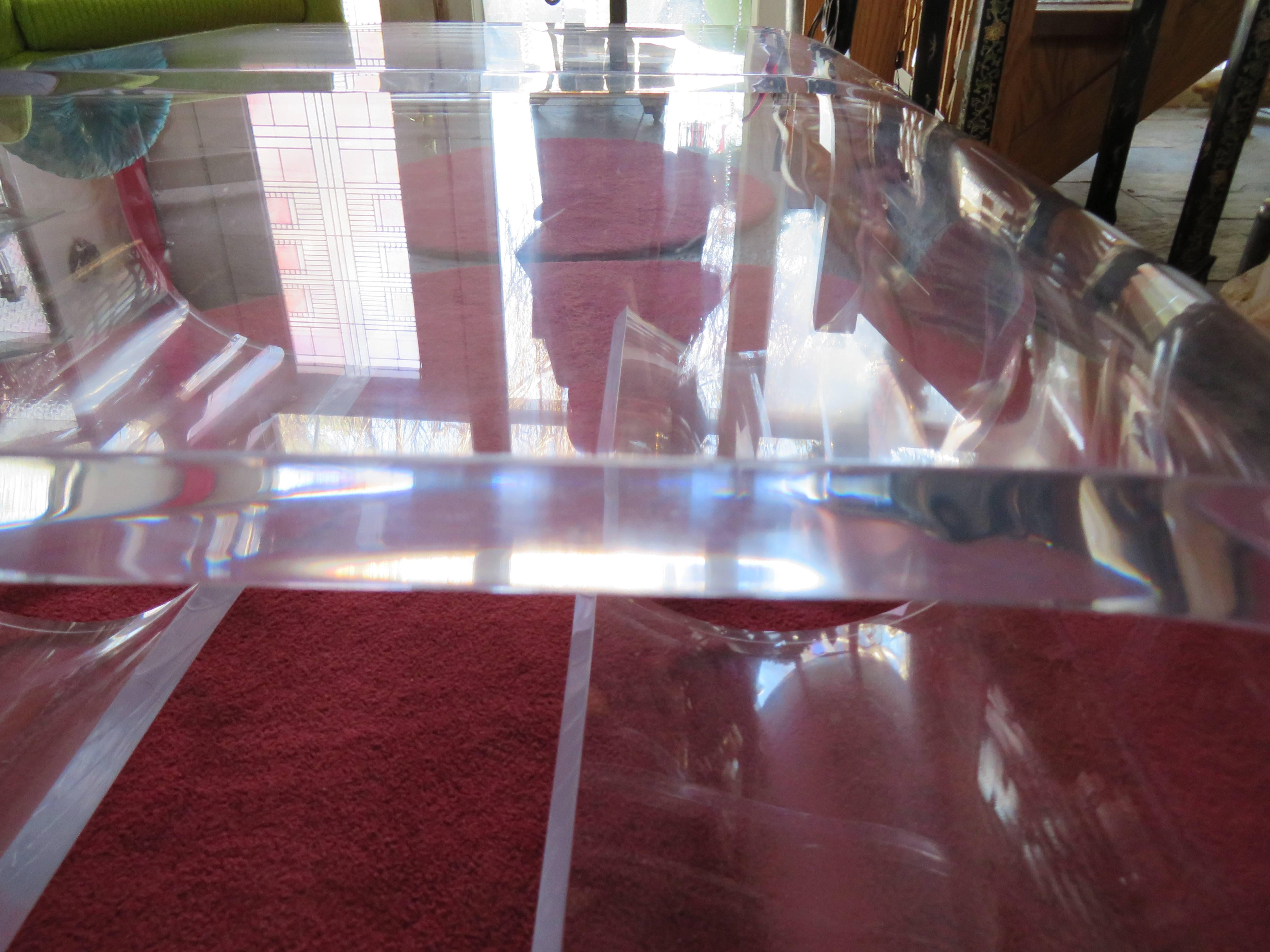 Pair Thick Lucite Scroll Cocktail Coffee Tables, style of Karl Springer, 1970s For Sale 3