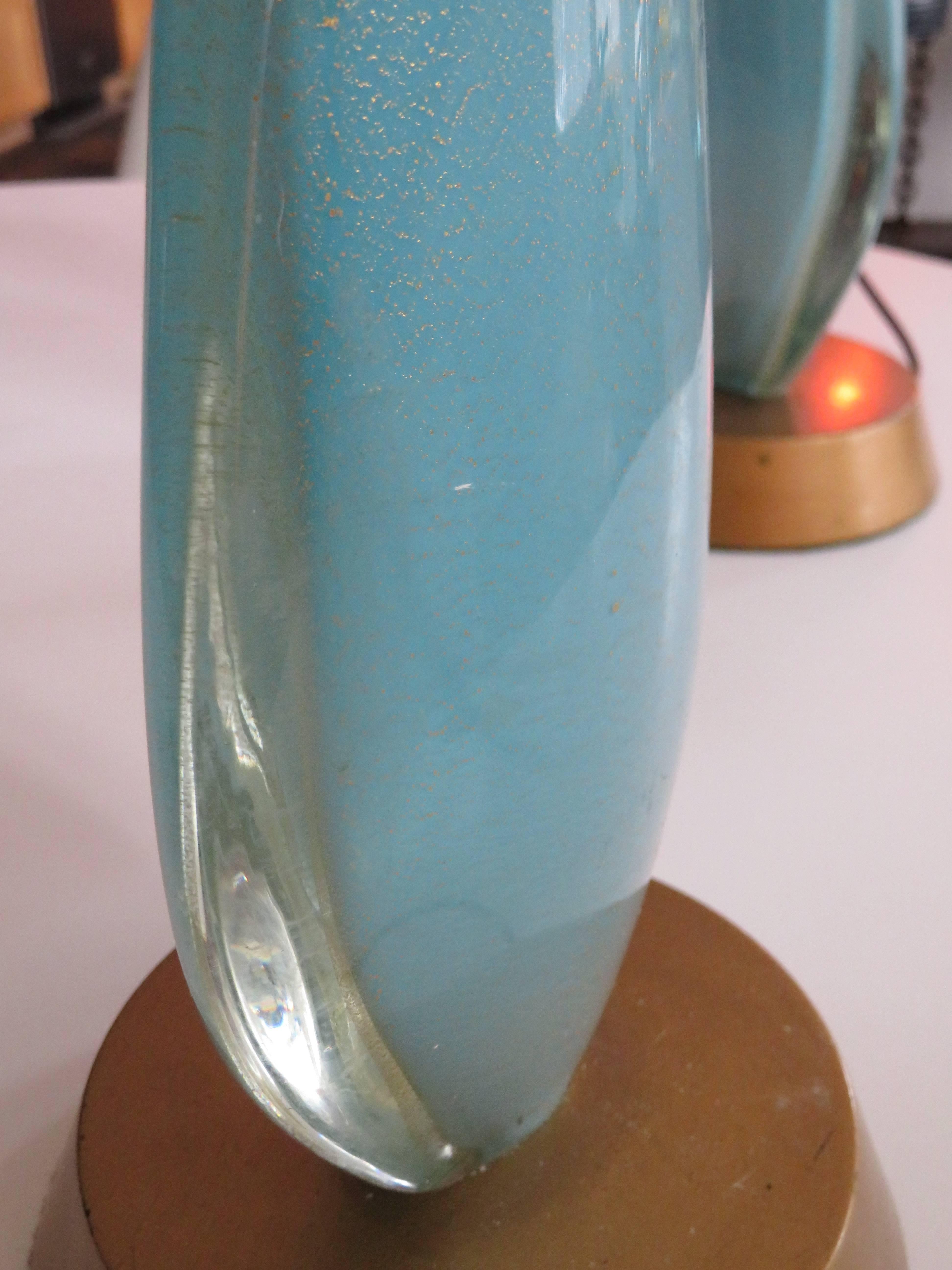 Murano Glass Magical Pair Turquoise Gold Fleck Murano Lamps, style of Flavio Poli for Seguso