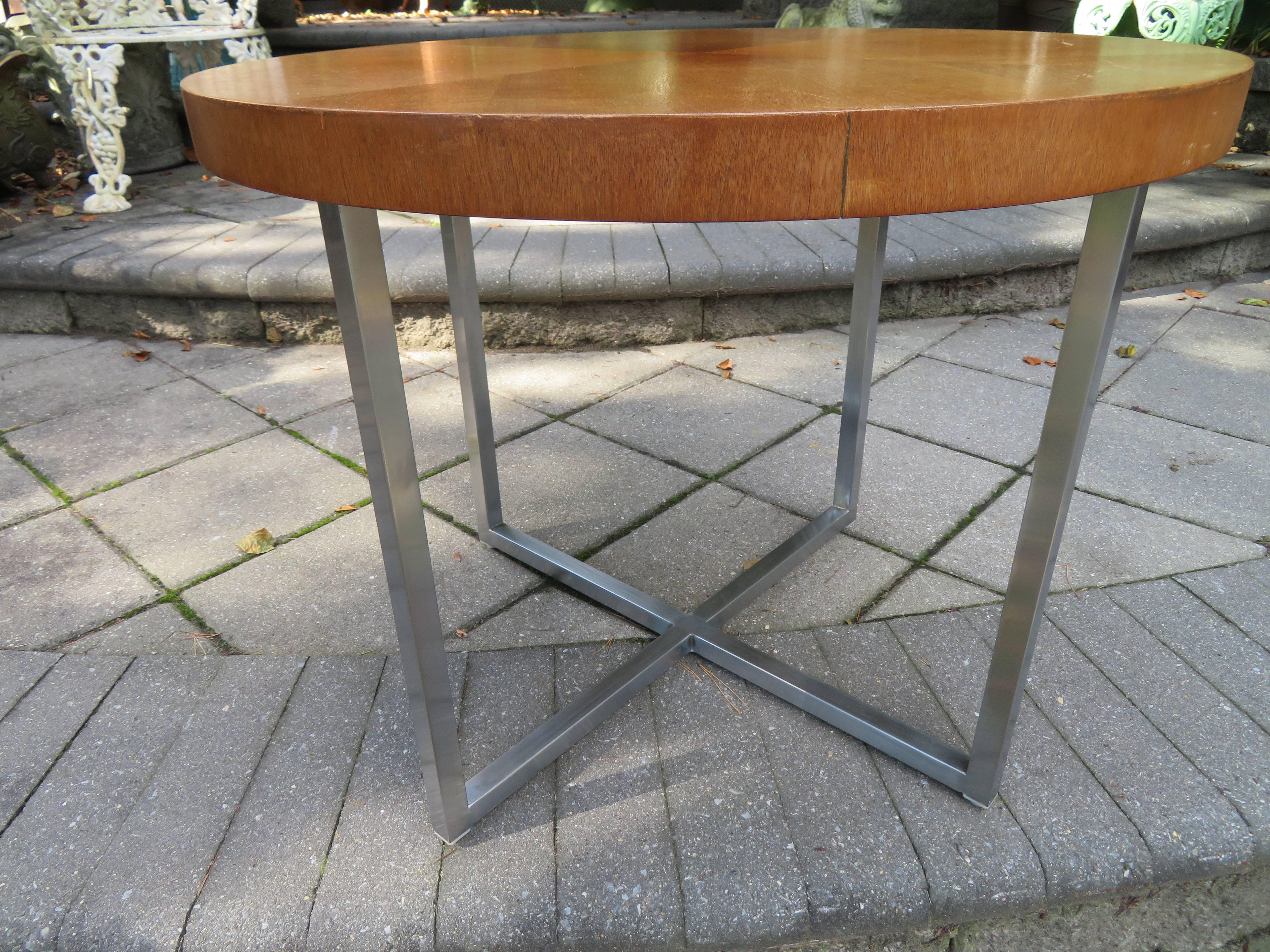 Lovely Milo Baughman style brushed chrome X-base side table. The top is a light teak and has a nice vintage honey patina.