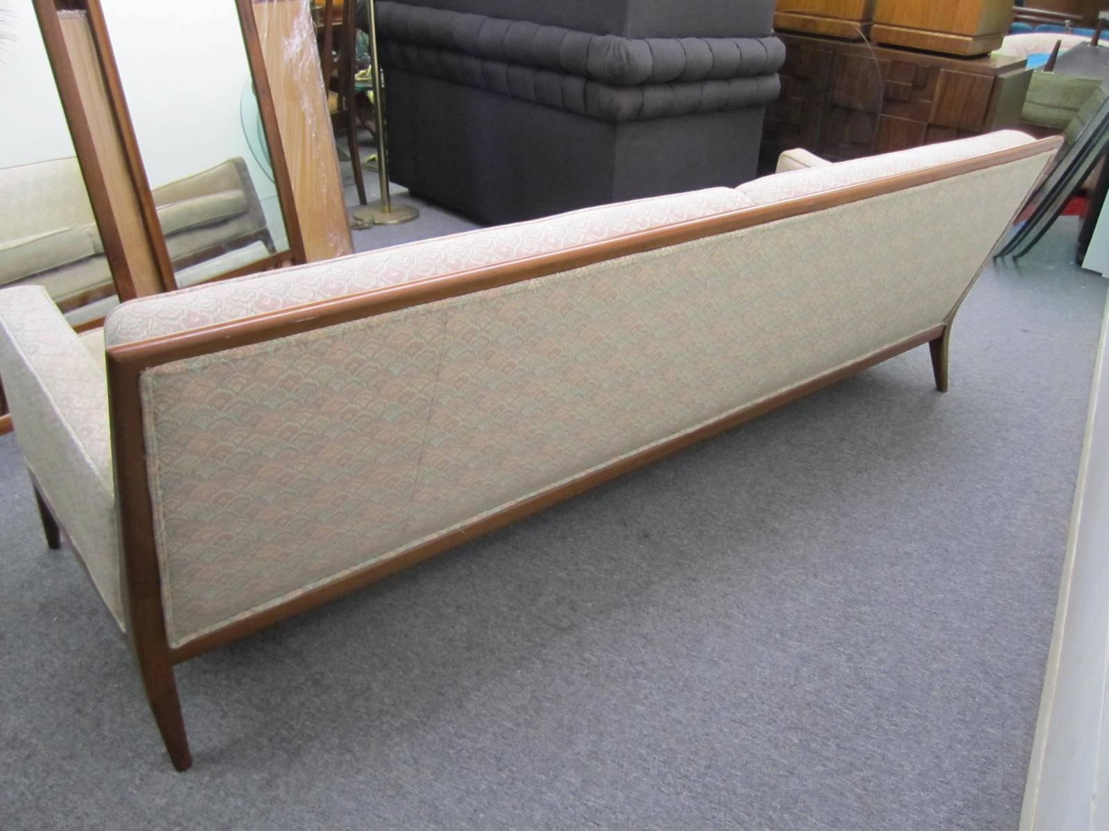 Mid-20th Century Pair of T.H. Robsjohn-Gibbings Style Walnut Framed Sofas, Mid-Century Modern