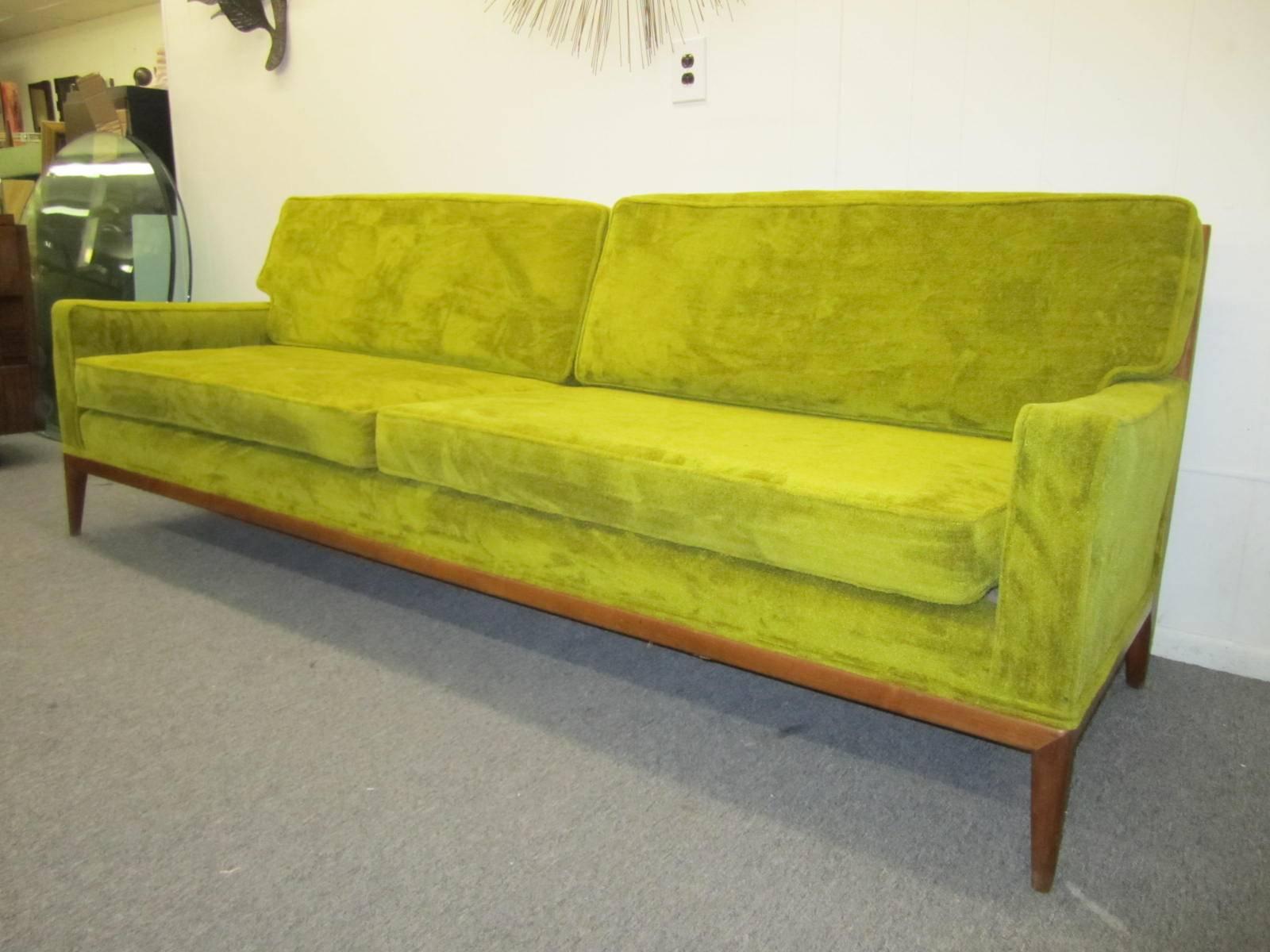 Pair of T.H. Robsjohn-Gibbings Style Walnut Framed Sofas, Mid-Century Modern 1
