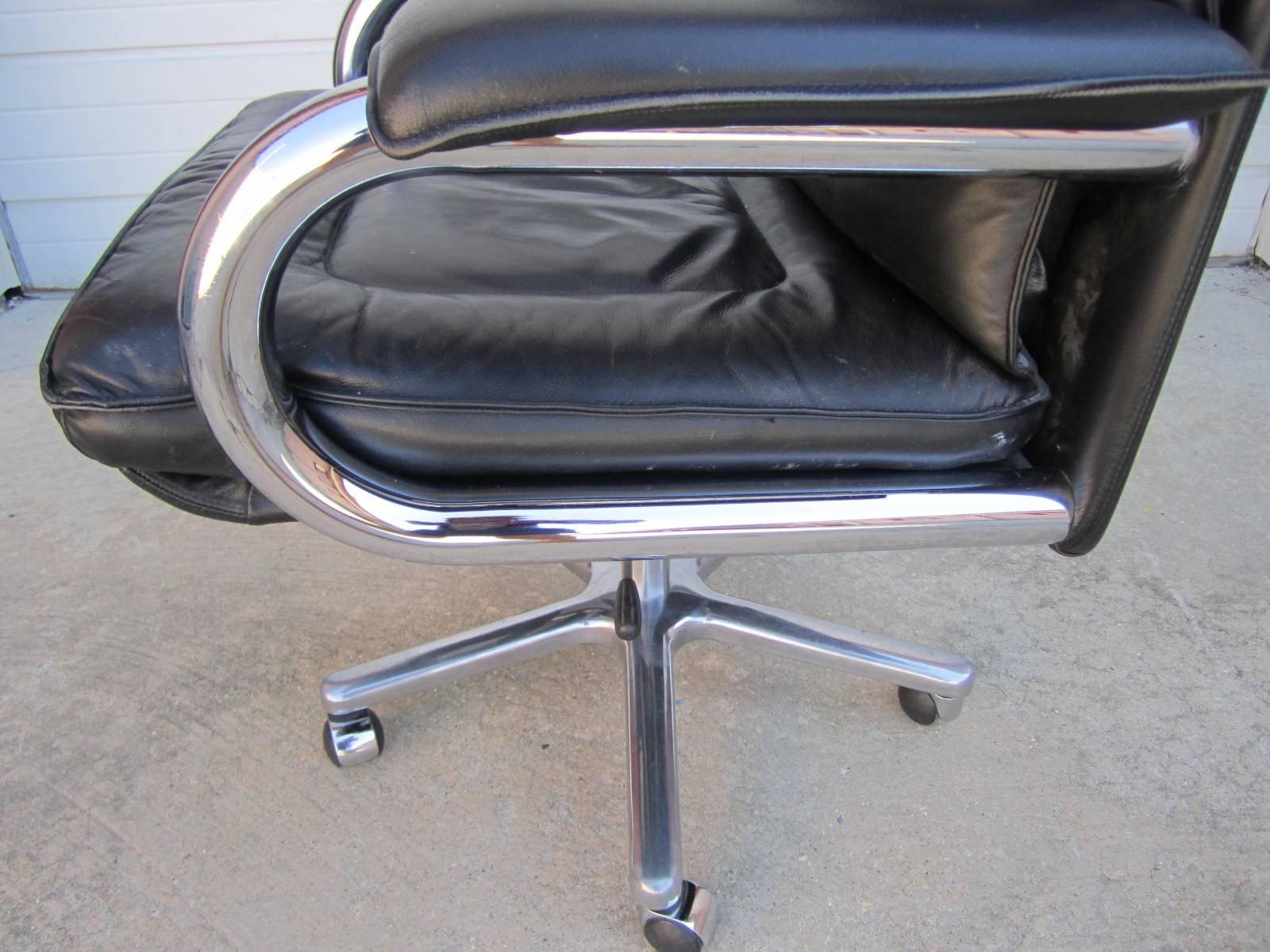 Italian Pace Collection Mariani Leather Chrome Rolling Desk Chair Mid-Century Modern