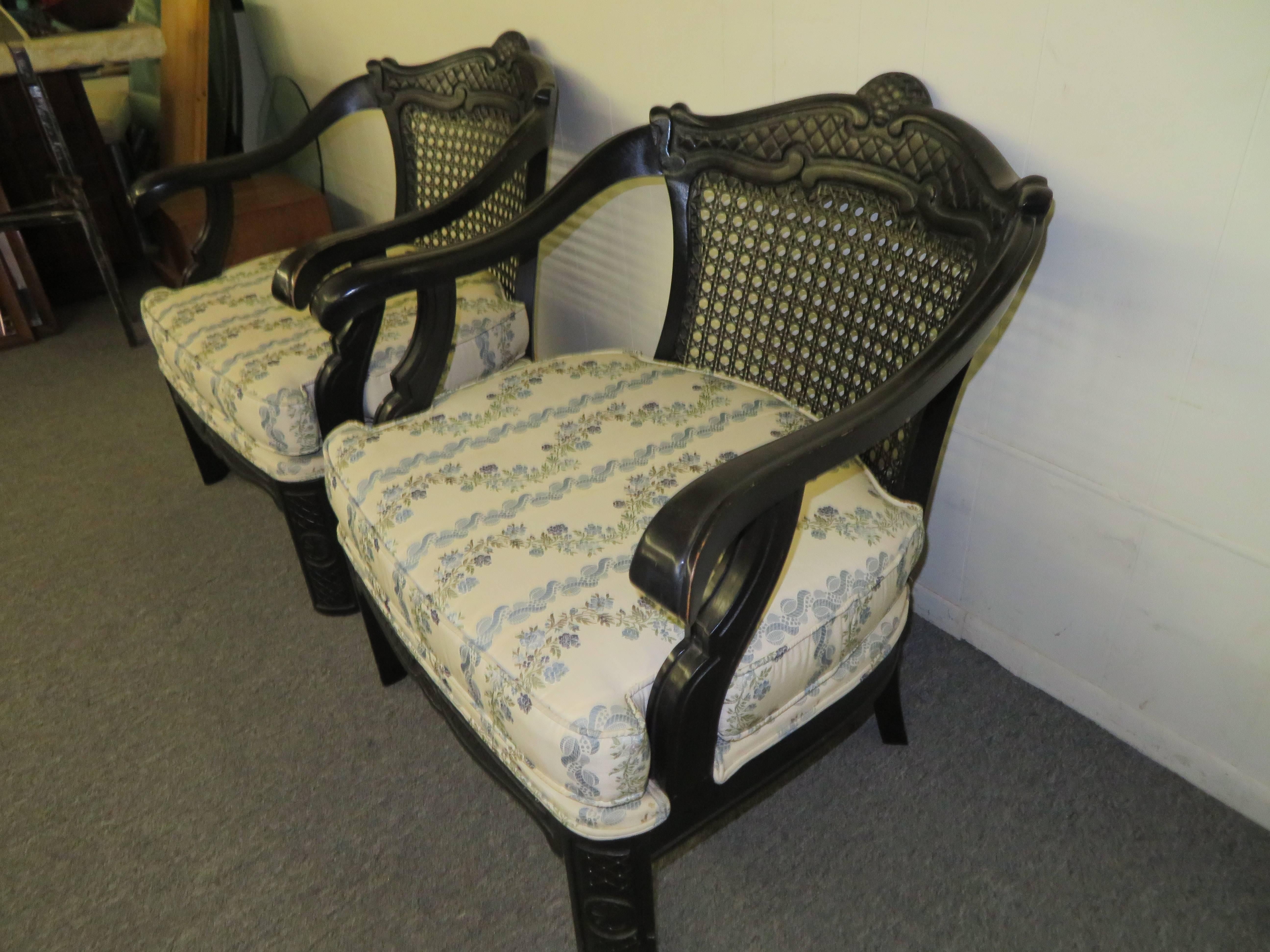 Lovely Pair of Caned Chinoiserie Asian Style Armchairs Hollywood Regency For Sale 3