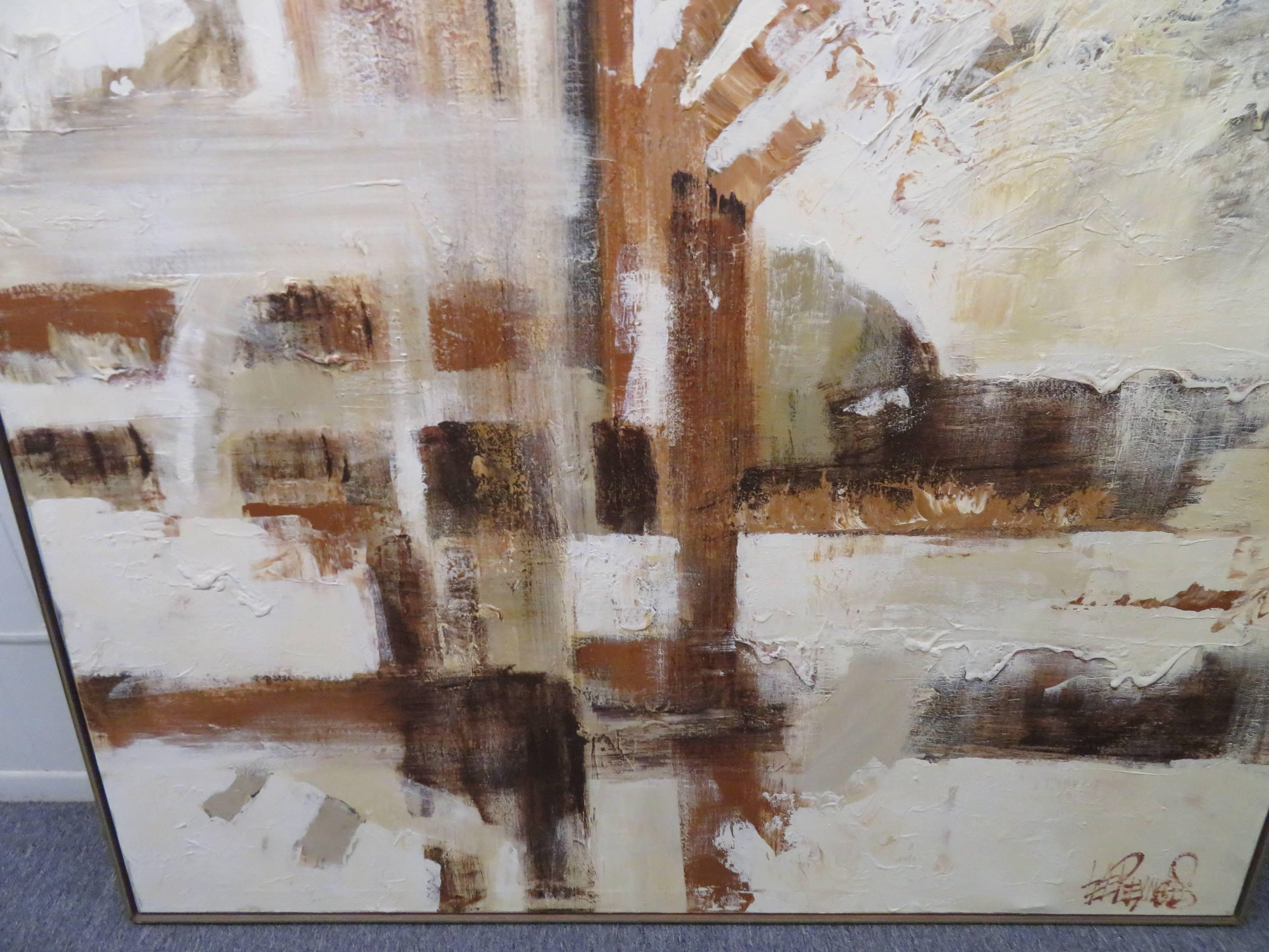 A large, Mid-Century Modern abstract painting featuring beautiful brown, yellow, and beige hues in varying intensities. This piece has a dark brown wood frame with a gold trim.
Signed “Lee Reynolds.”
Approximate: 49
