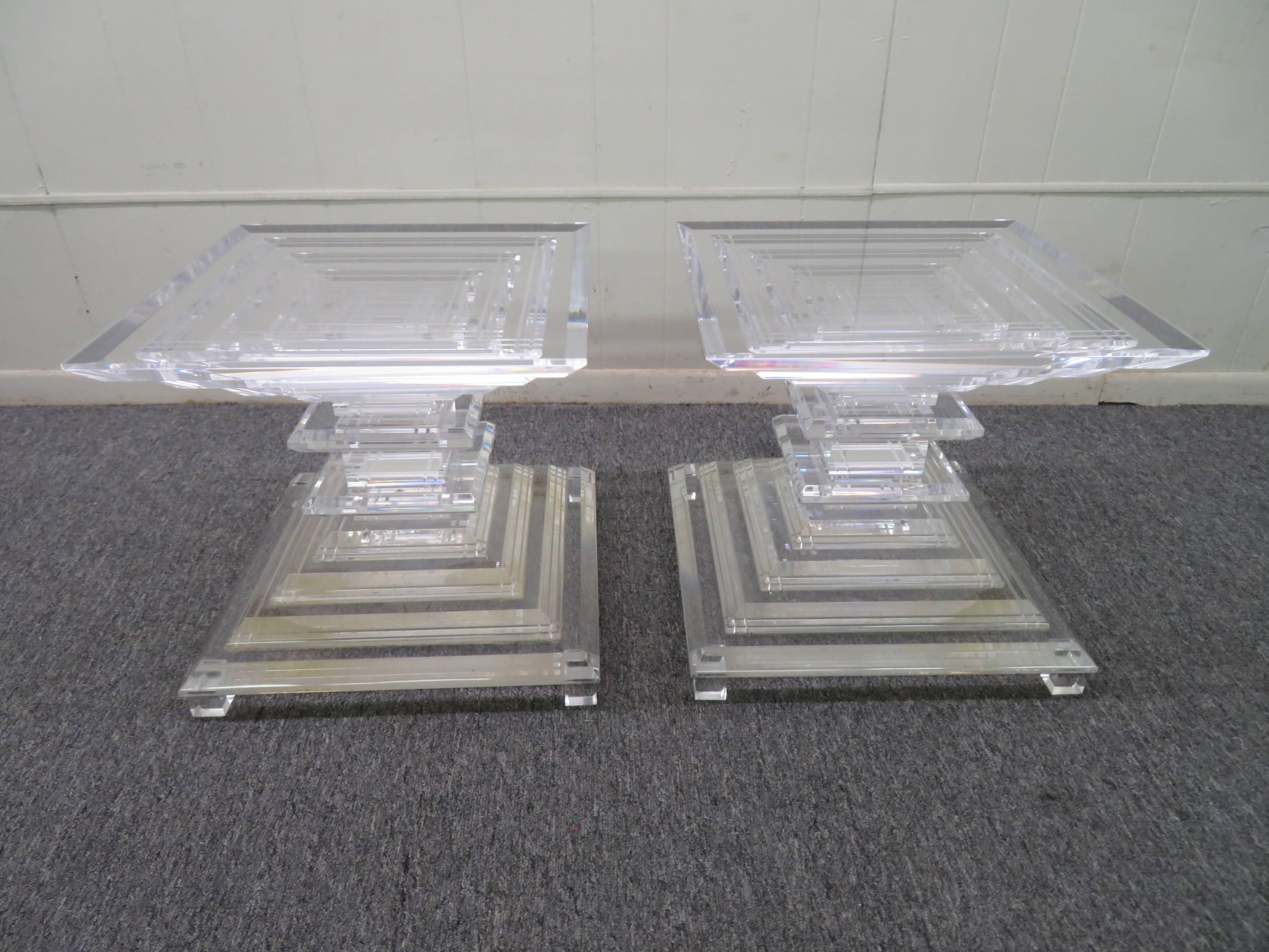 Hollywood Regency Pair of Karl Springer Style Stacked Lucite Side End Tables Hollywood Glam