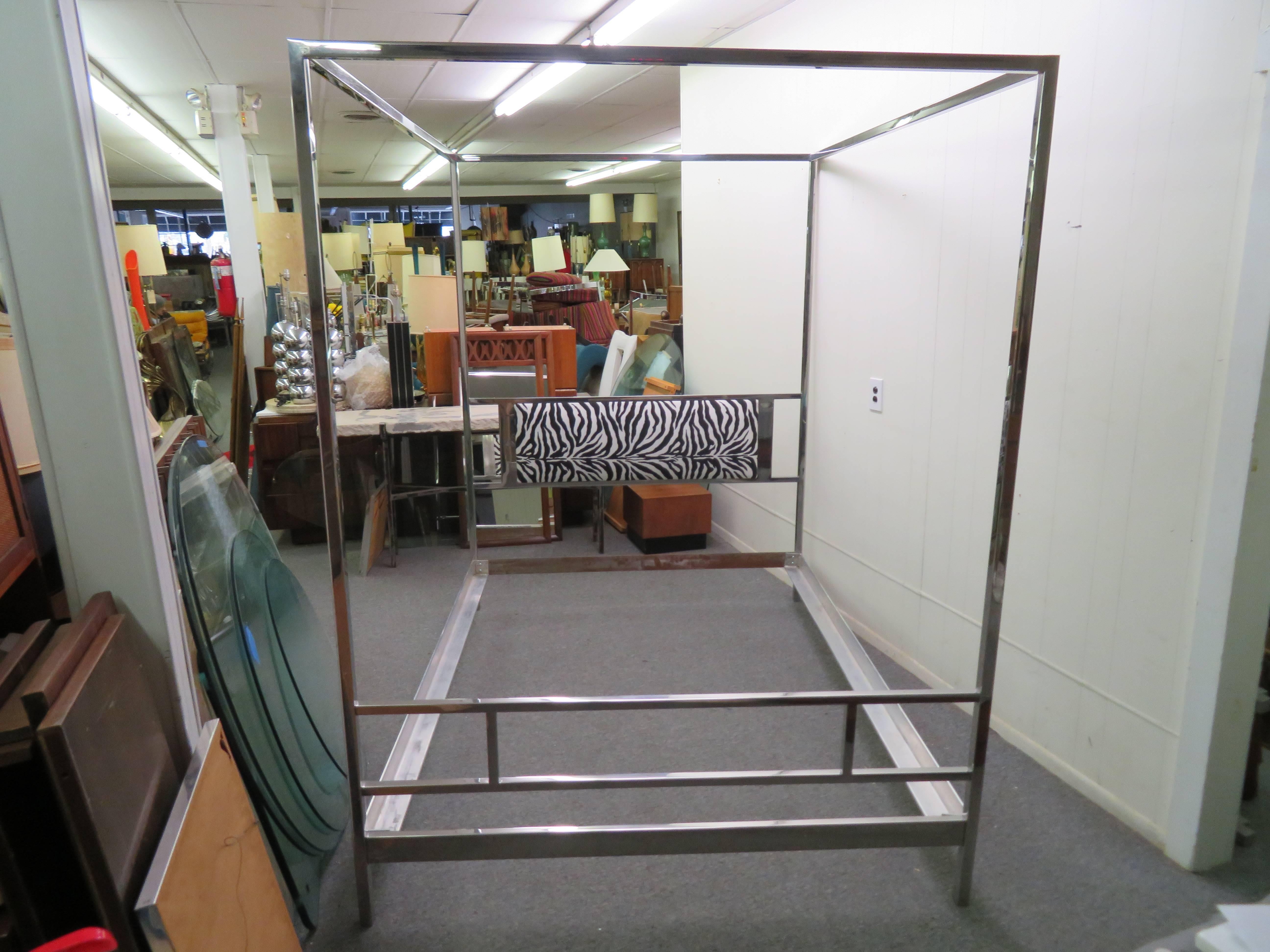 Upholstery Cubic Chrome Queen Four-Poster Canopy Bed, Mid-Century