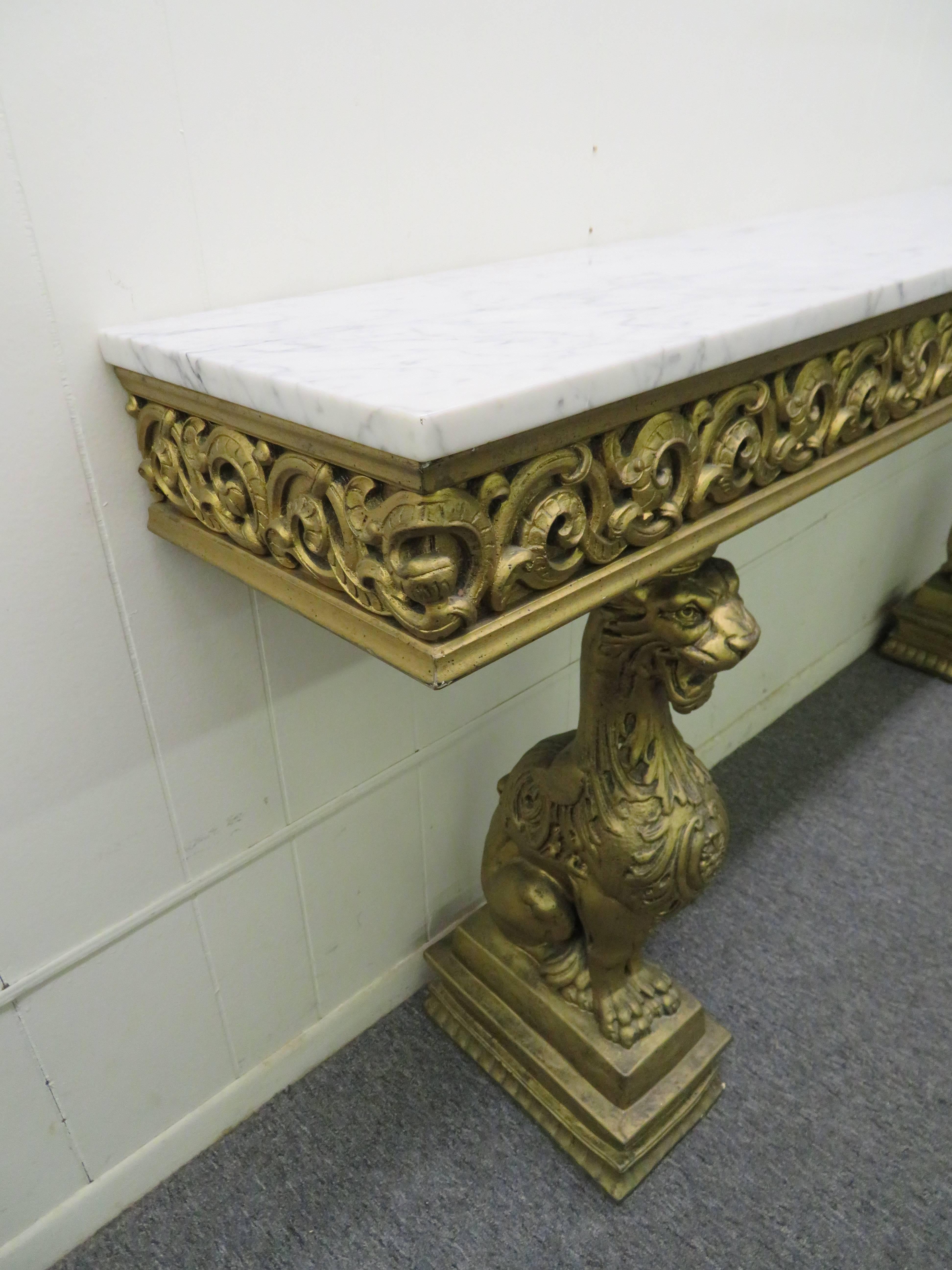Awesome Gothic Gold Griffon Pier Mount Marble-Top Console Table Regency In Good Condition In Pemberton, NJ