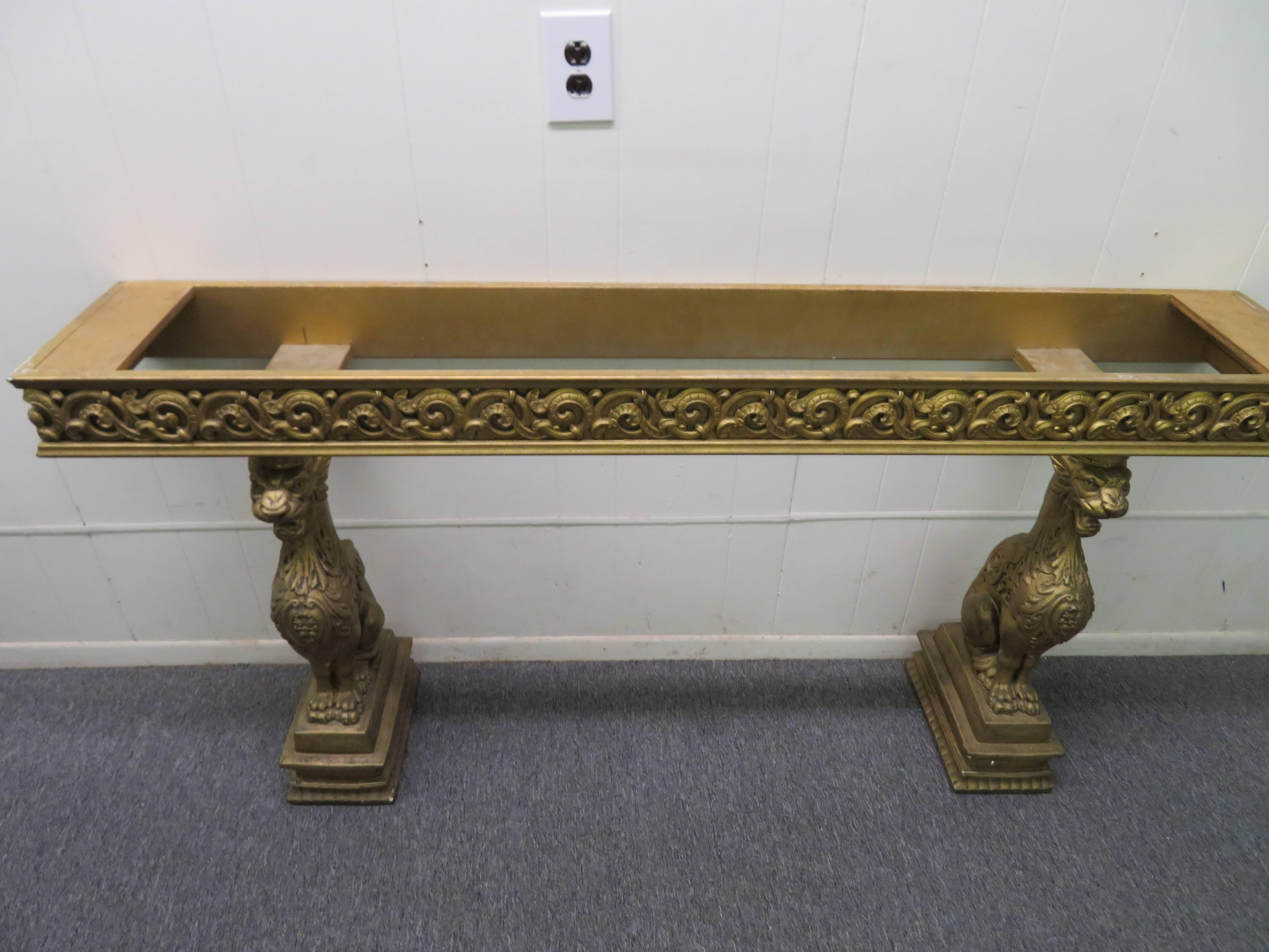 Hollywood Regency Awesome Gothic Gold Griffon Pier Mount Marble-Top Console Table Regency