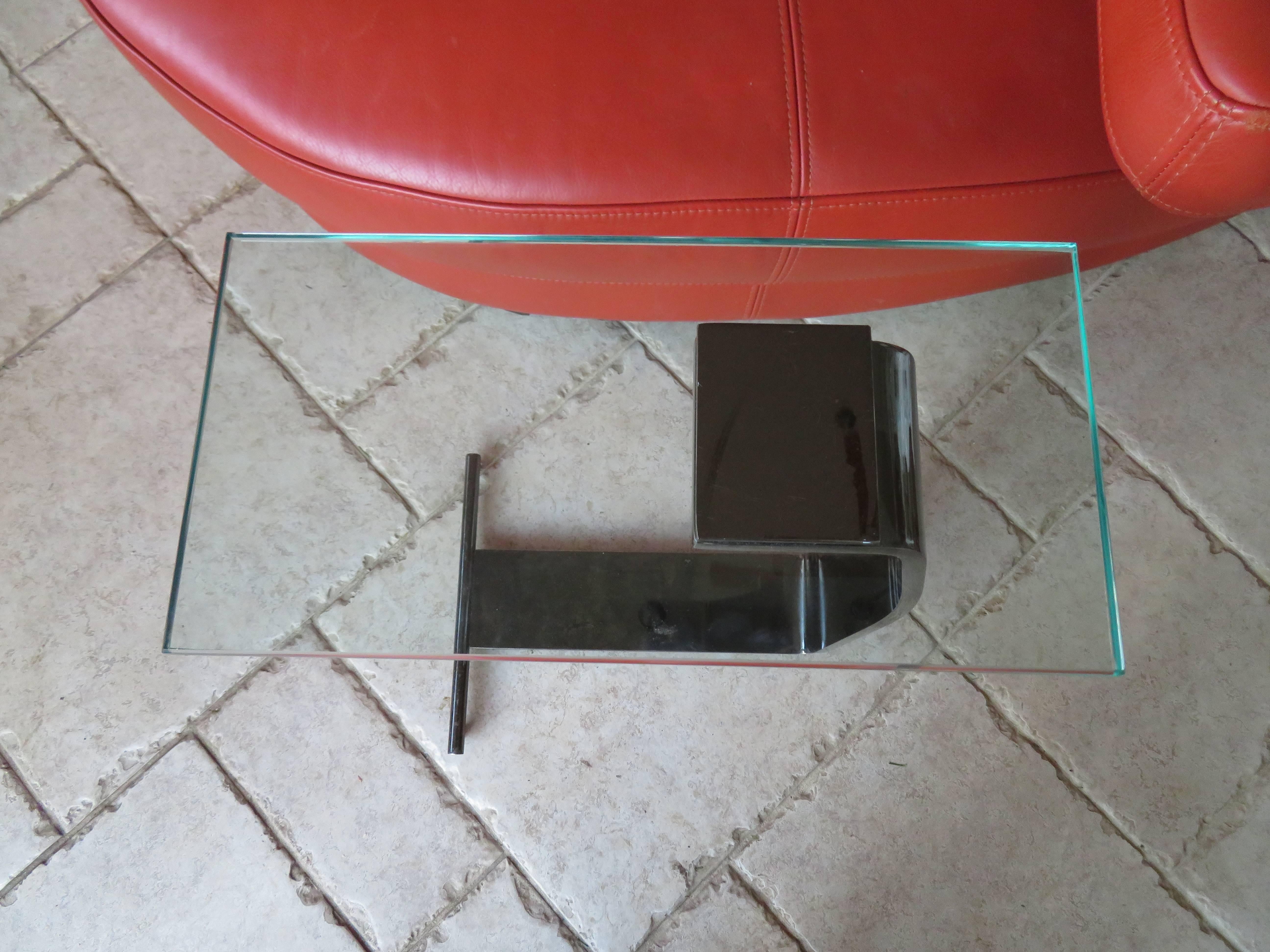 DIA gun metal finish glass side cigarette table. Top glass measures 16