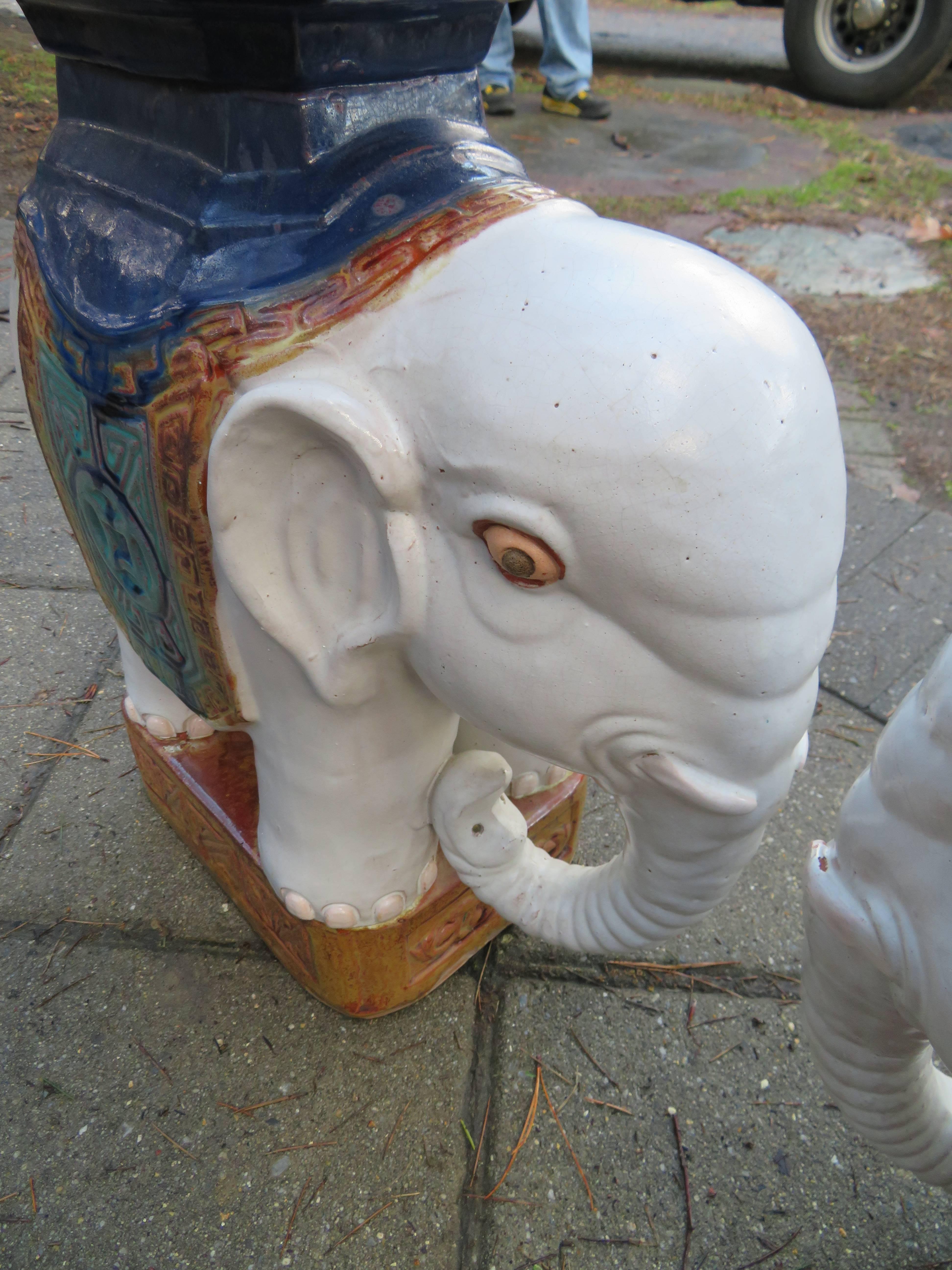 Late 20th Century Whimsical Pair of Glazed Terracotta Elephant Stool Tables Mid-Century For Sale