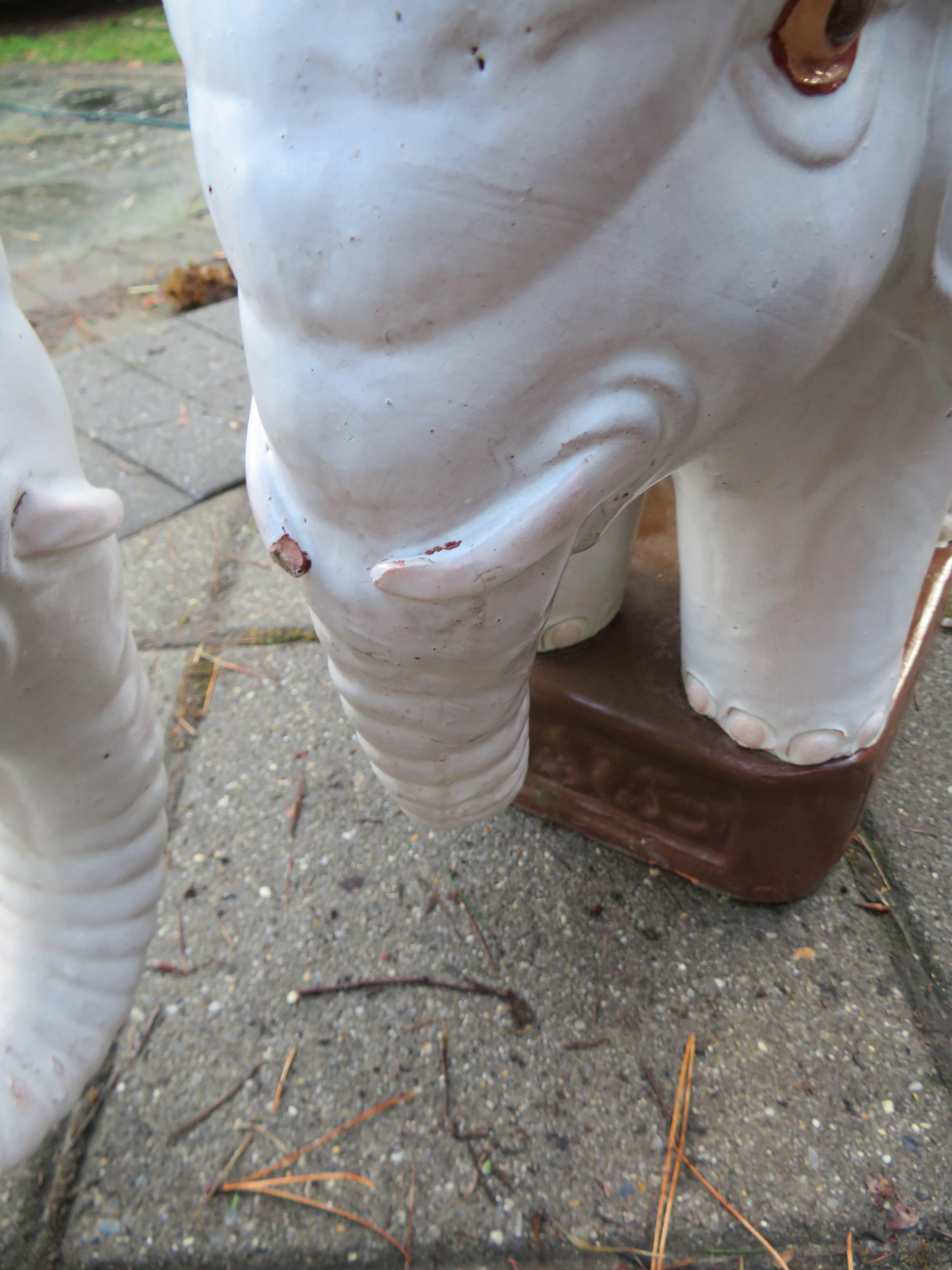 Whimsical Pair of Glazed Terracotta Elephant Stool Tables Mid-Century For Sale 1