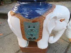 Whimsical Pair of Glazed Terracotta Elephant Stool Tables Mid-Century