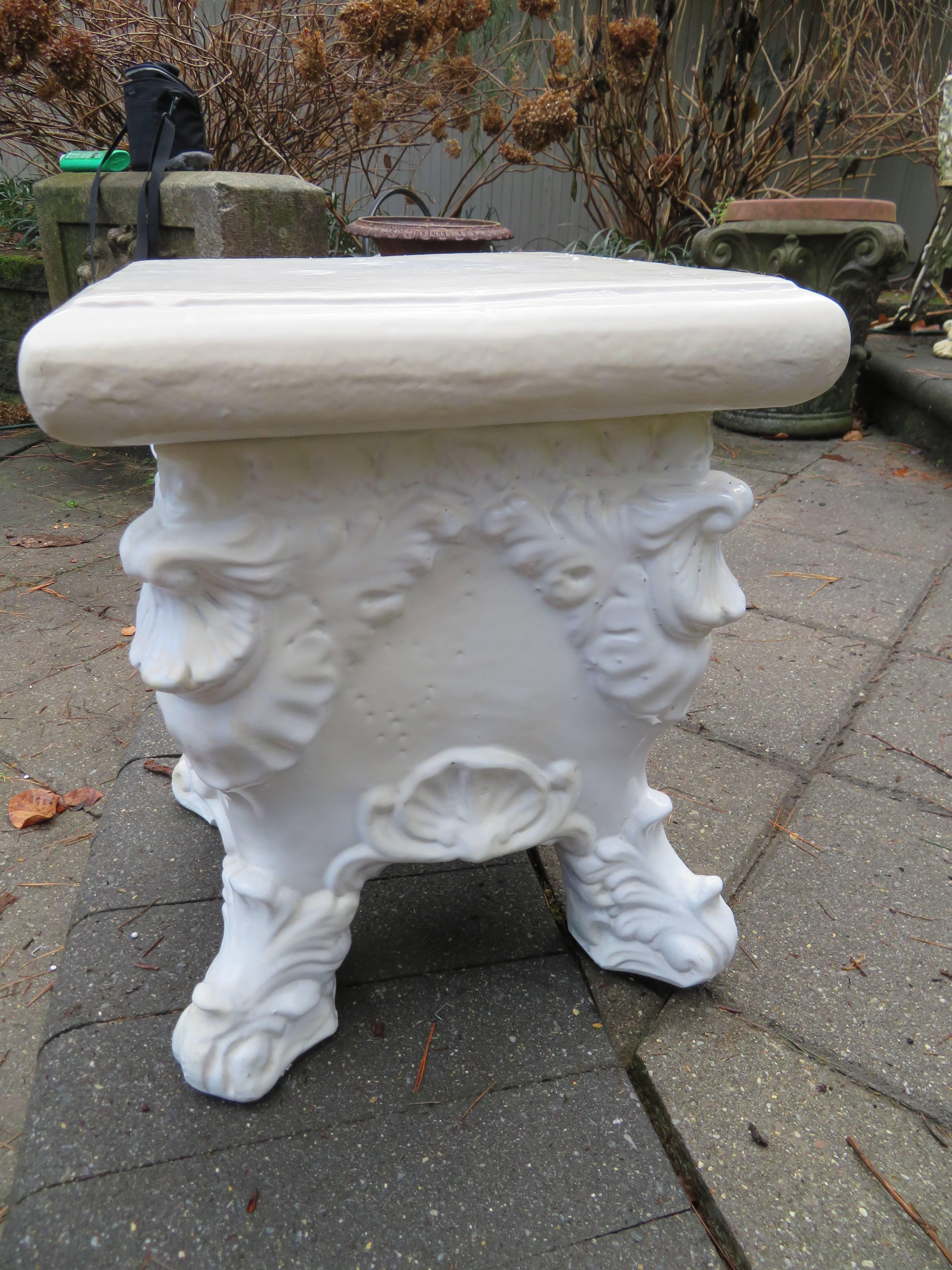 Lovely White Glazed Terra-Cotta Roccoco Style Plant Side Table In Good Condition For Sale In Pemberton, NJ