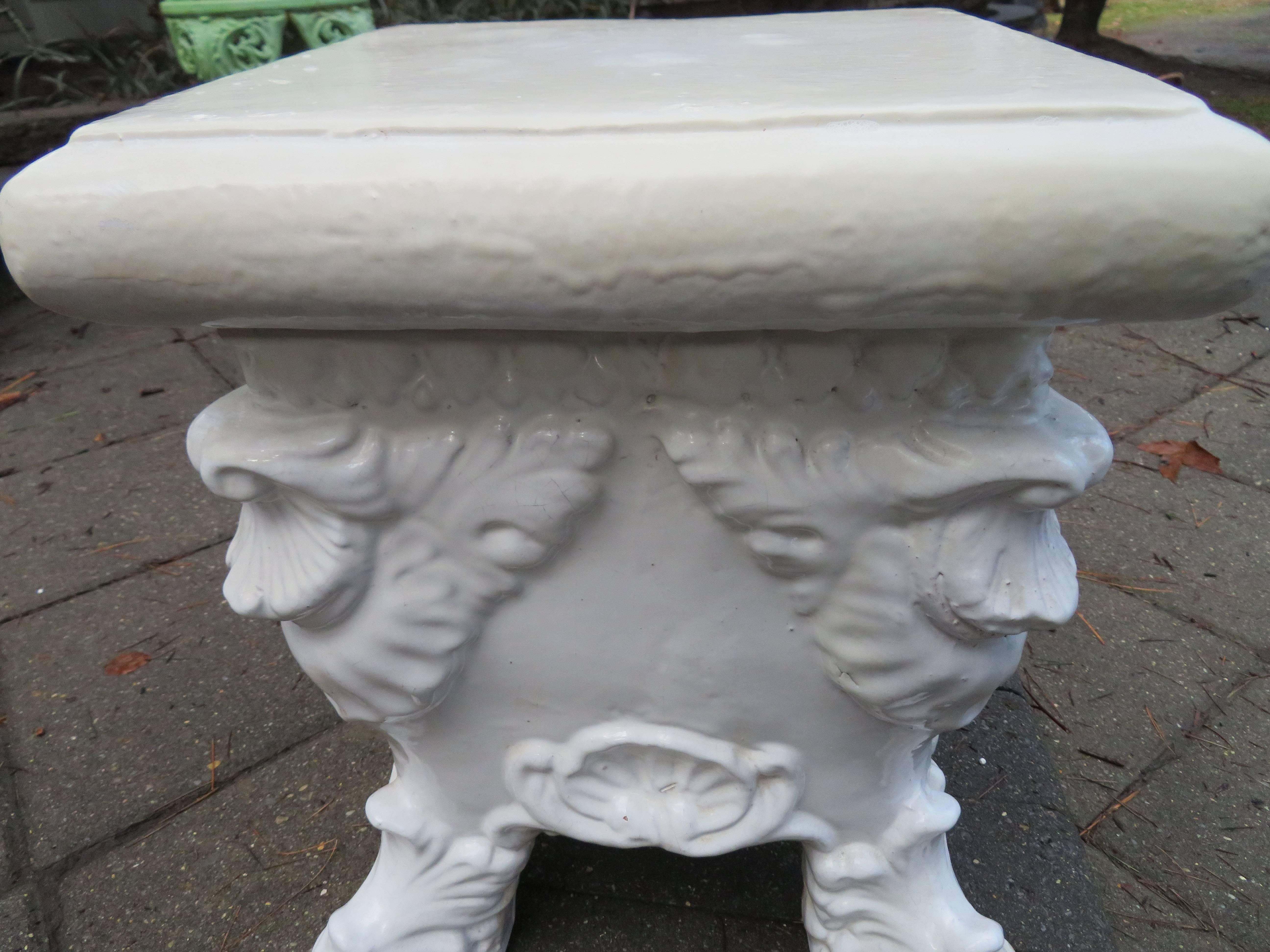 Lovely white glazed terra cotta Rococo style plant or side table. Use this piece as a side table mixed with others or as a place to keep a prized plant.