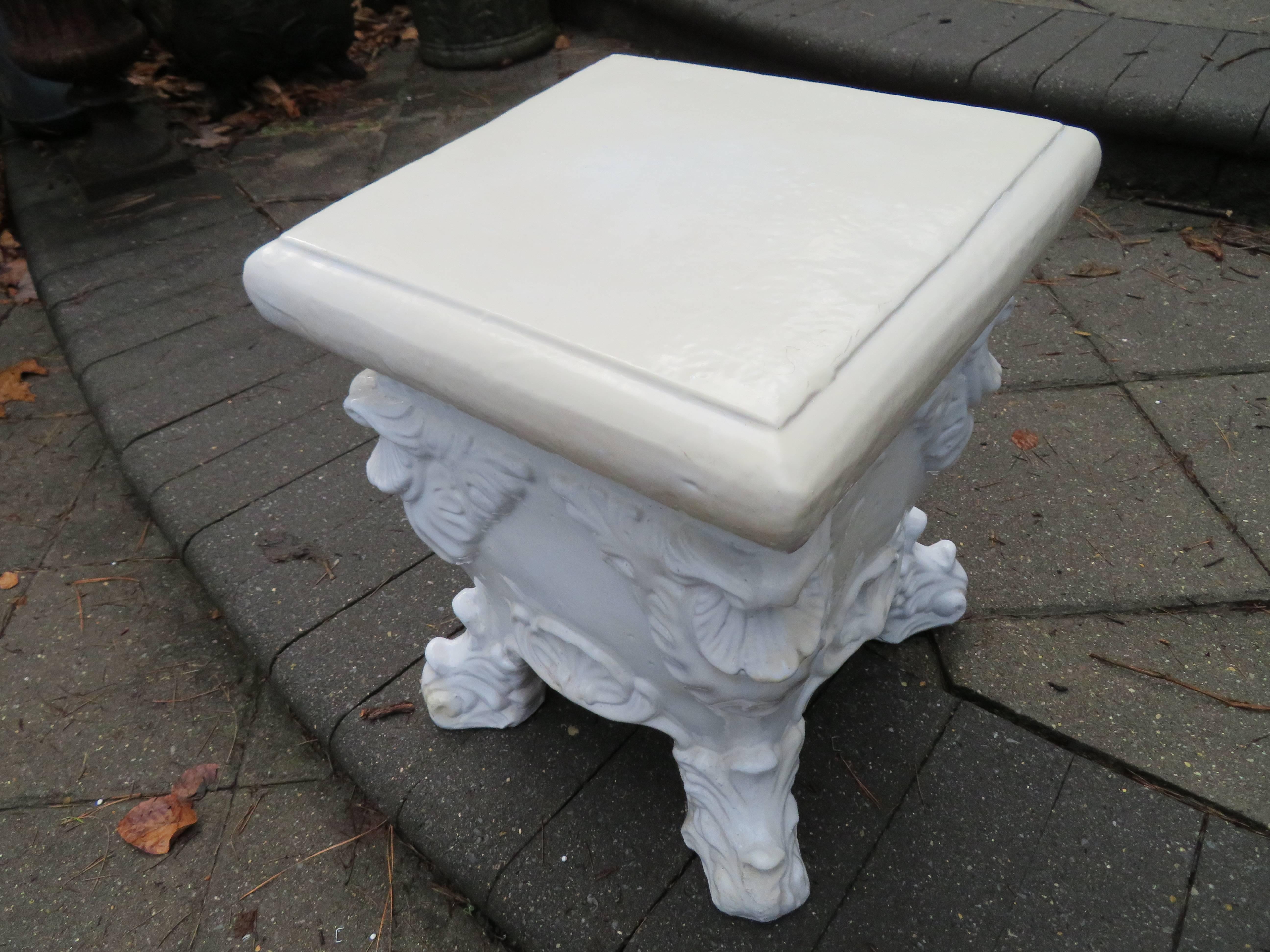 Mid-20th Century Lovely White Glazed Terra-Cotta Roccoco Style Plant Side Table For Sale