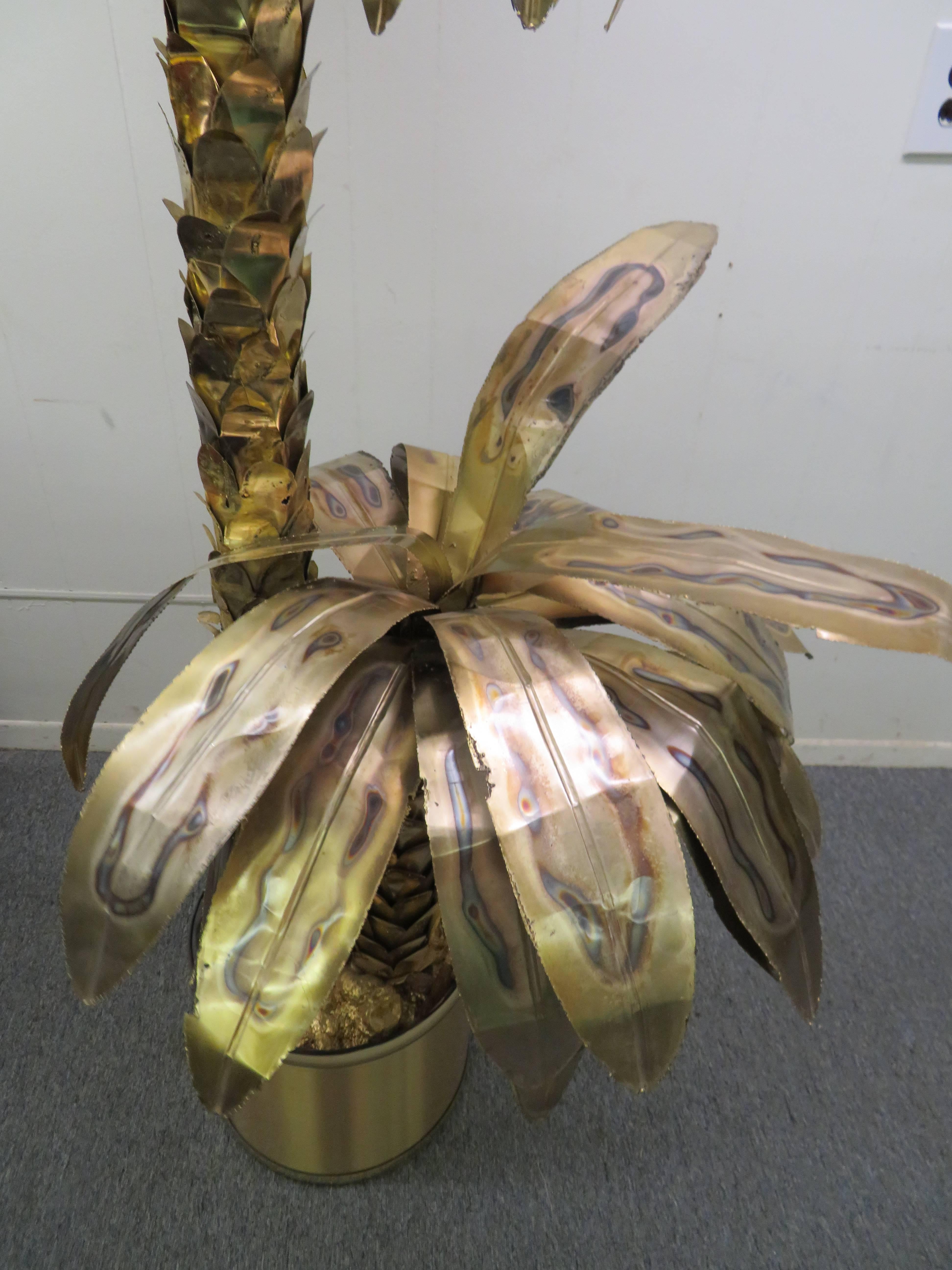 Hollywood Regency Giant Curtis Jere Sculptural Brass Palm Tree Torch Cut, Mid-Century Modern
