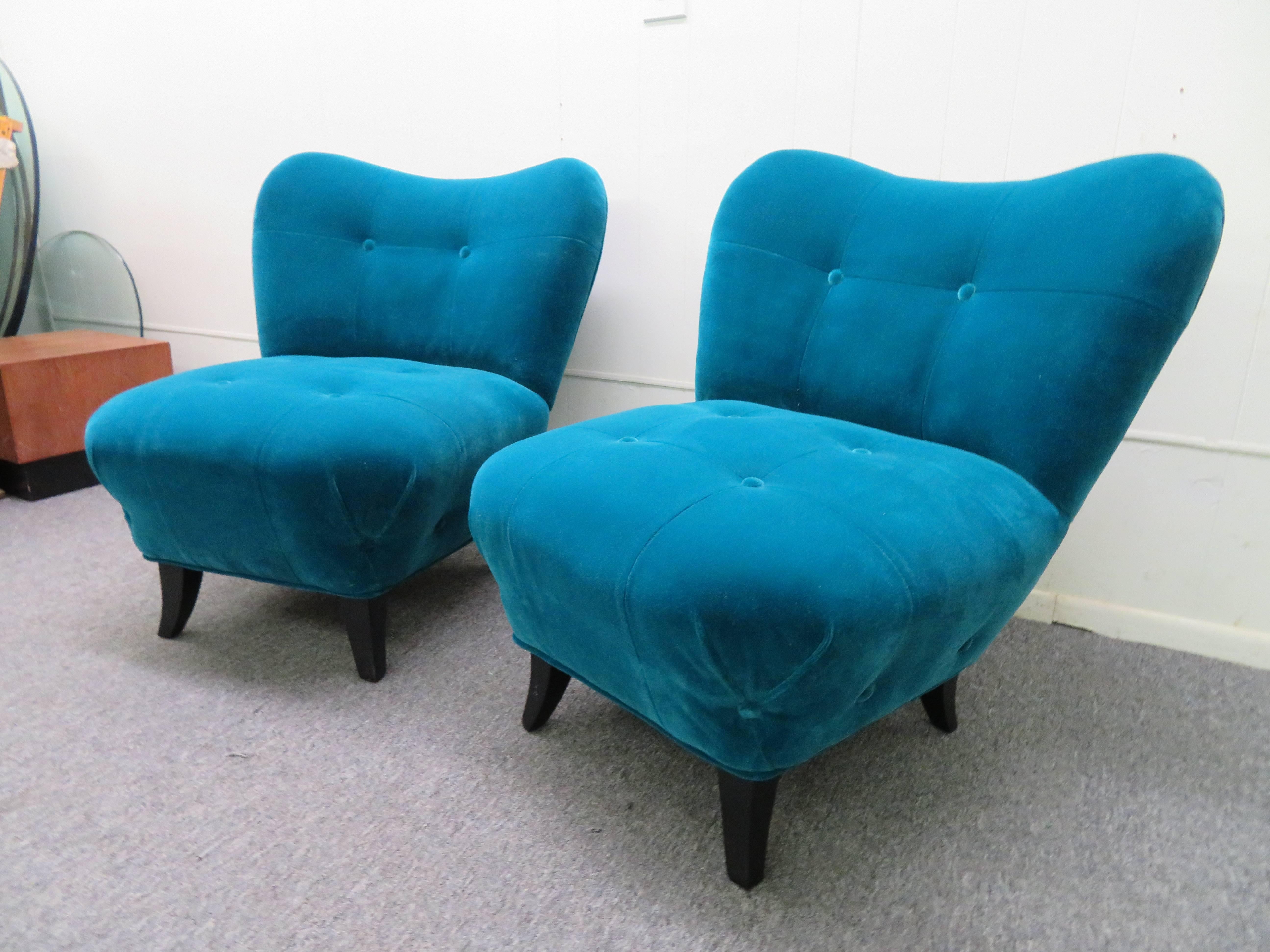 Painted Excellent Pair of Gilbert Rohde Style Mohair Slipper Chairs, Mid-Century Modern For Sale