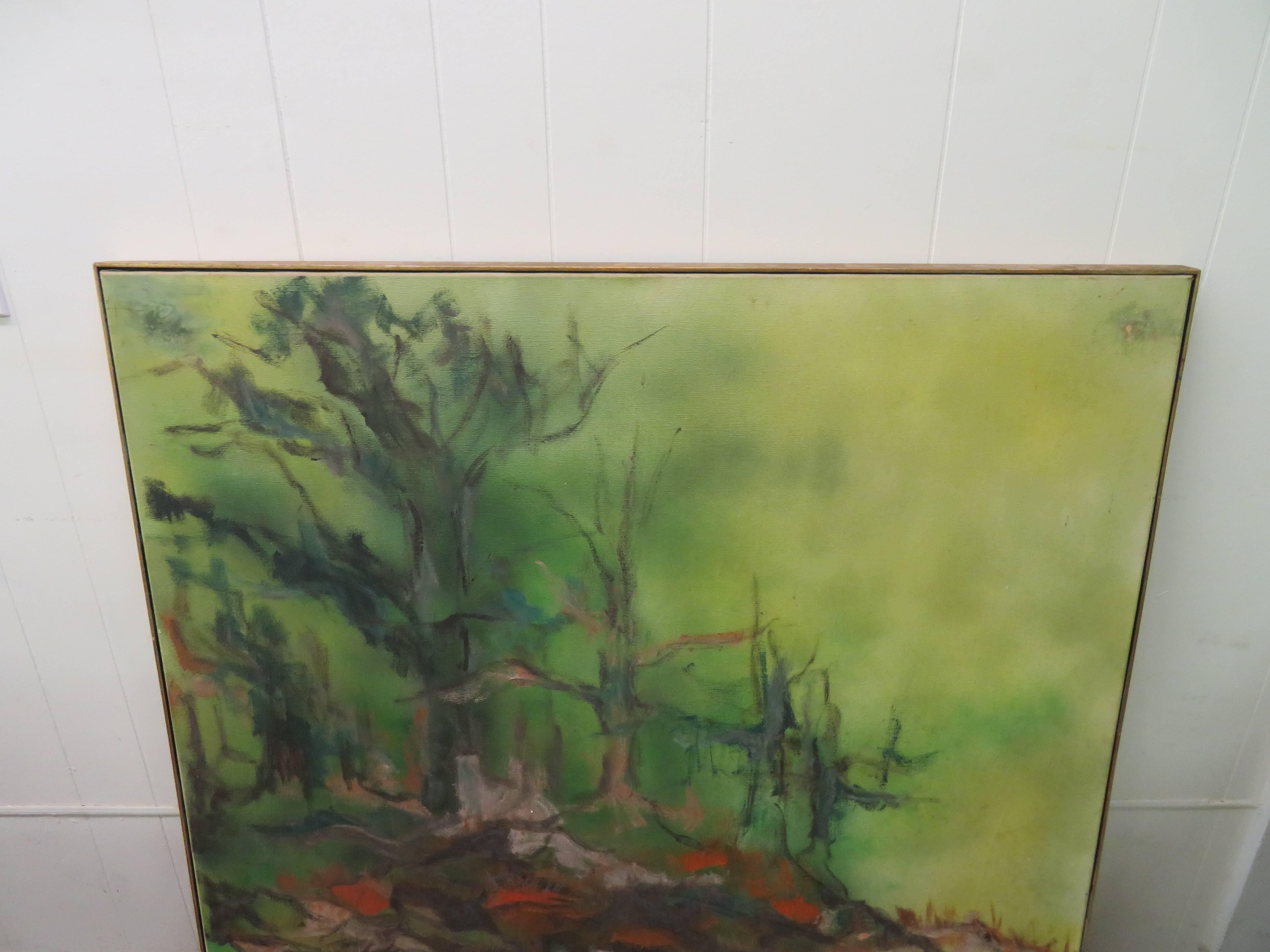 Fabulous large-scale Mid-Century Modern landscape oil painting. We love the size and subject matter of this gem of a painting from the Mid-Century. It is unsigned but it is well painted.