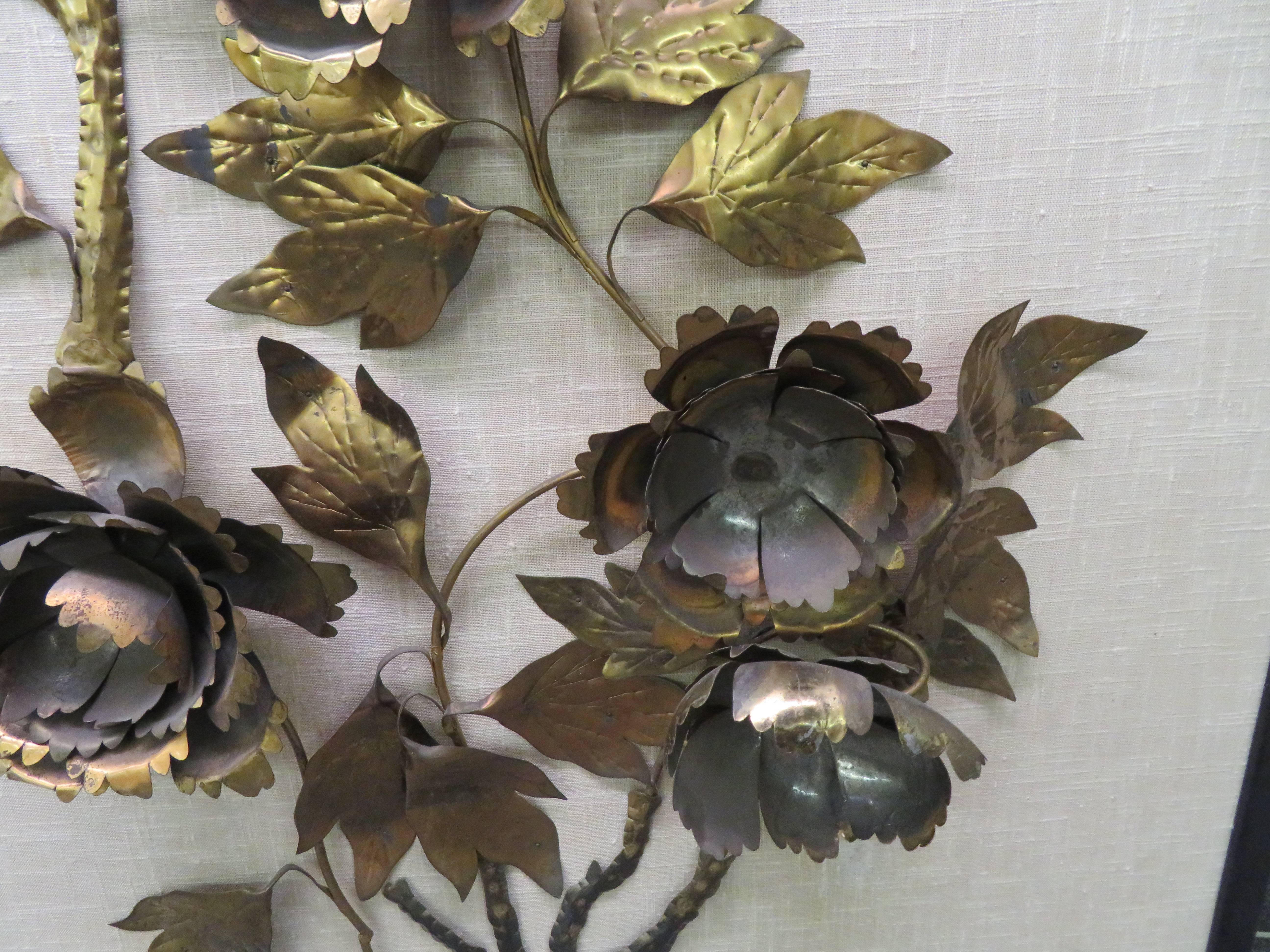 Mid-Century Modern Brutalist Curtis Jere Style Brass Peony Flower Wall Hanging Sculpture For Sale