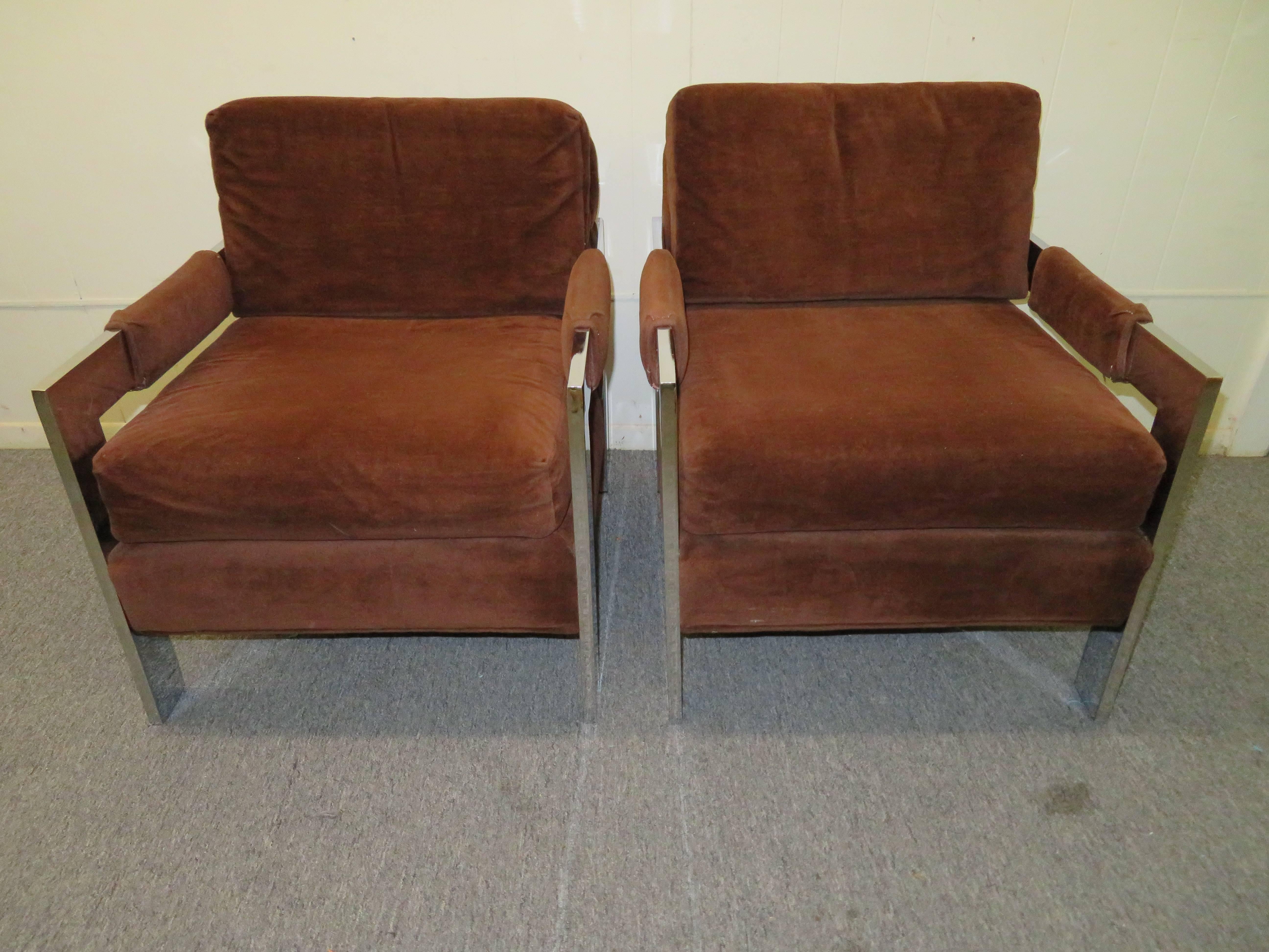 Chunky Chrome Pair Milo Baughman StyleLounge Chairs, Mid-Century Modern For Sale 1