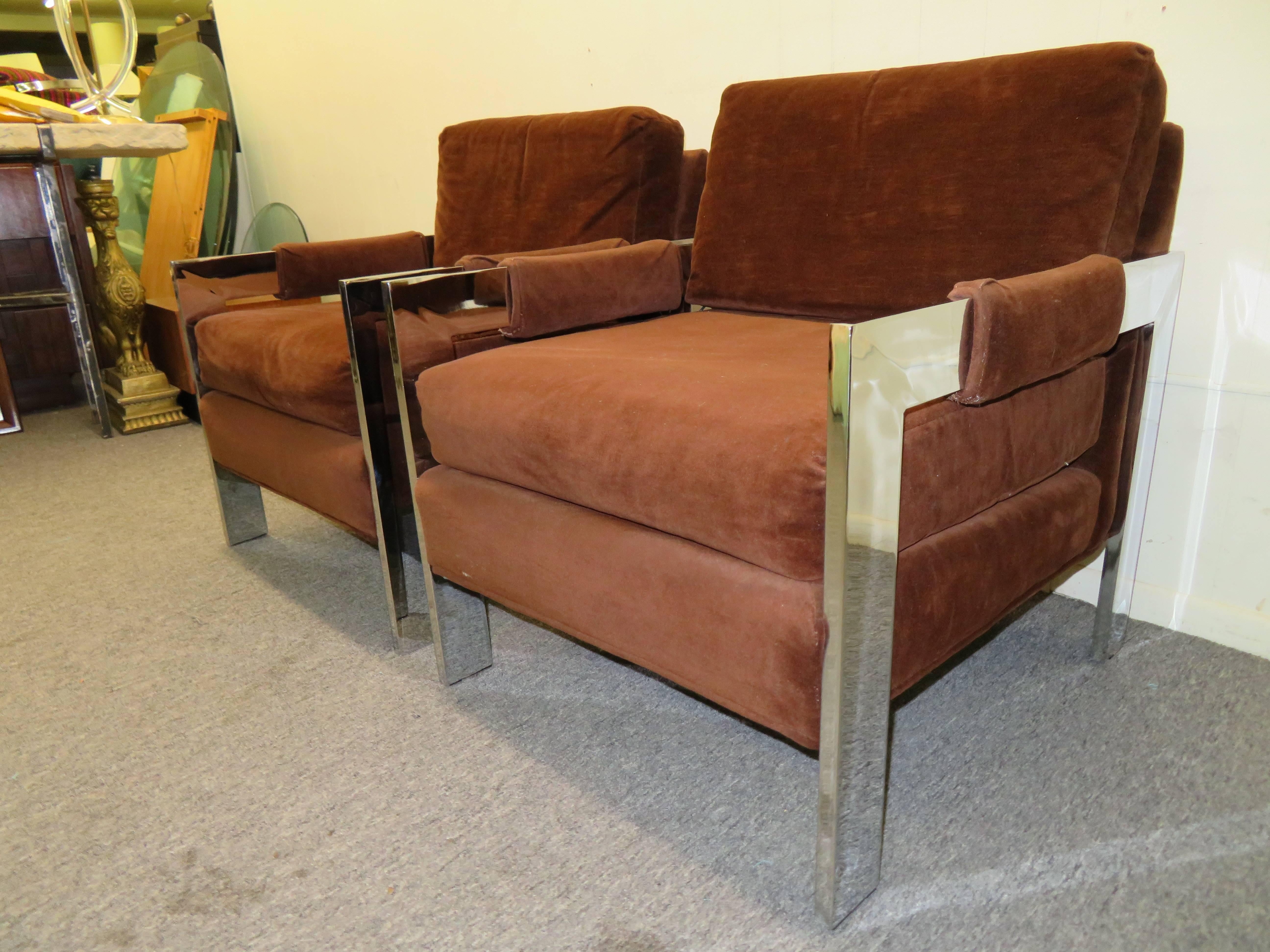 Chunky Chrome Pair Milo Baughman StyleLounge Chairs, Mid-Century Modern For Sale 4
