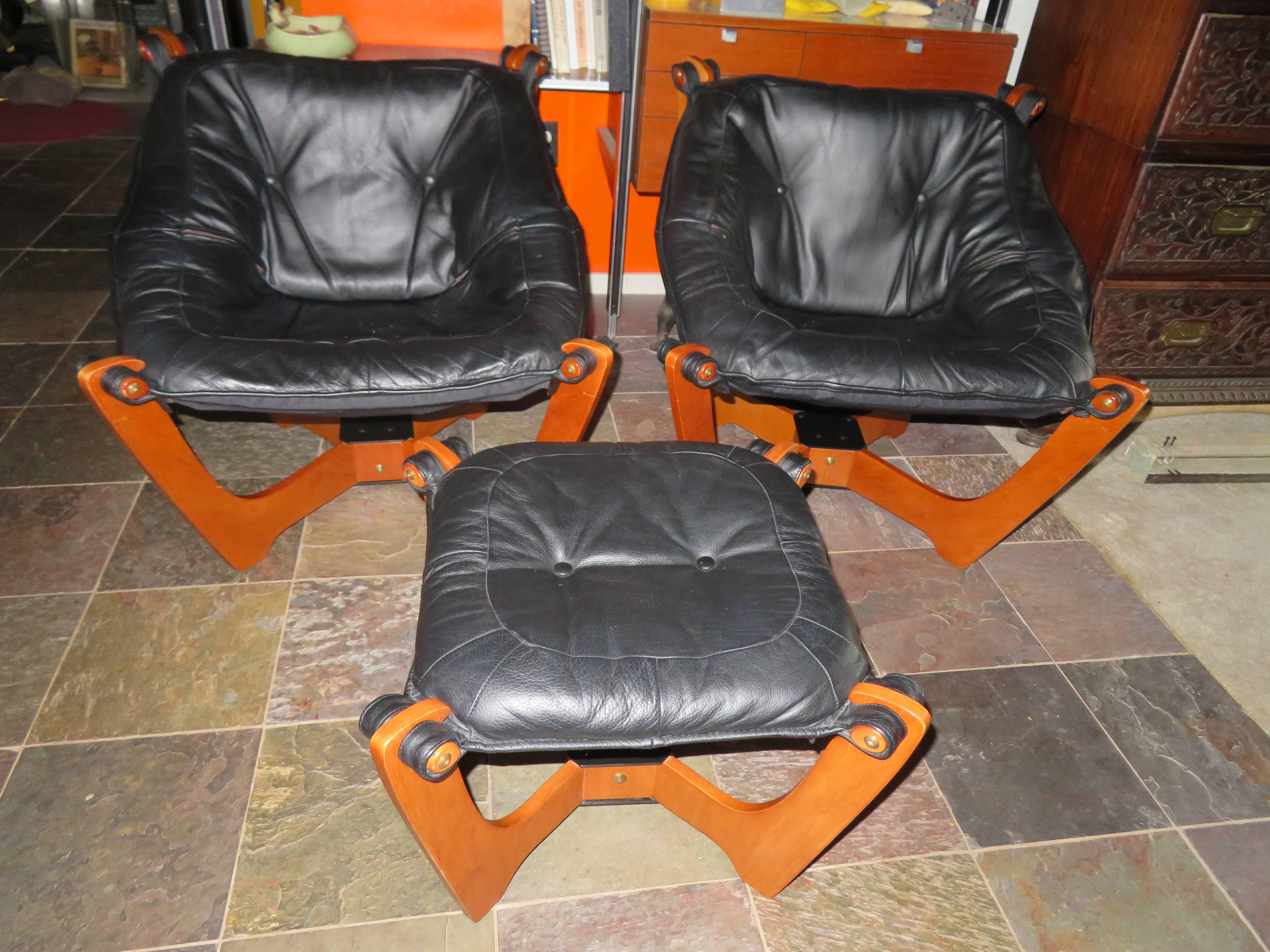 Pair of Luna Black Leather Sling Chairs with Ottoman Odd Knutsen Norway 1