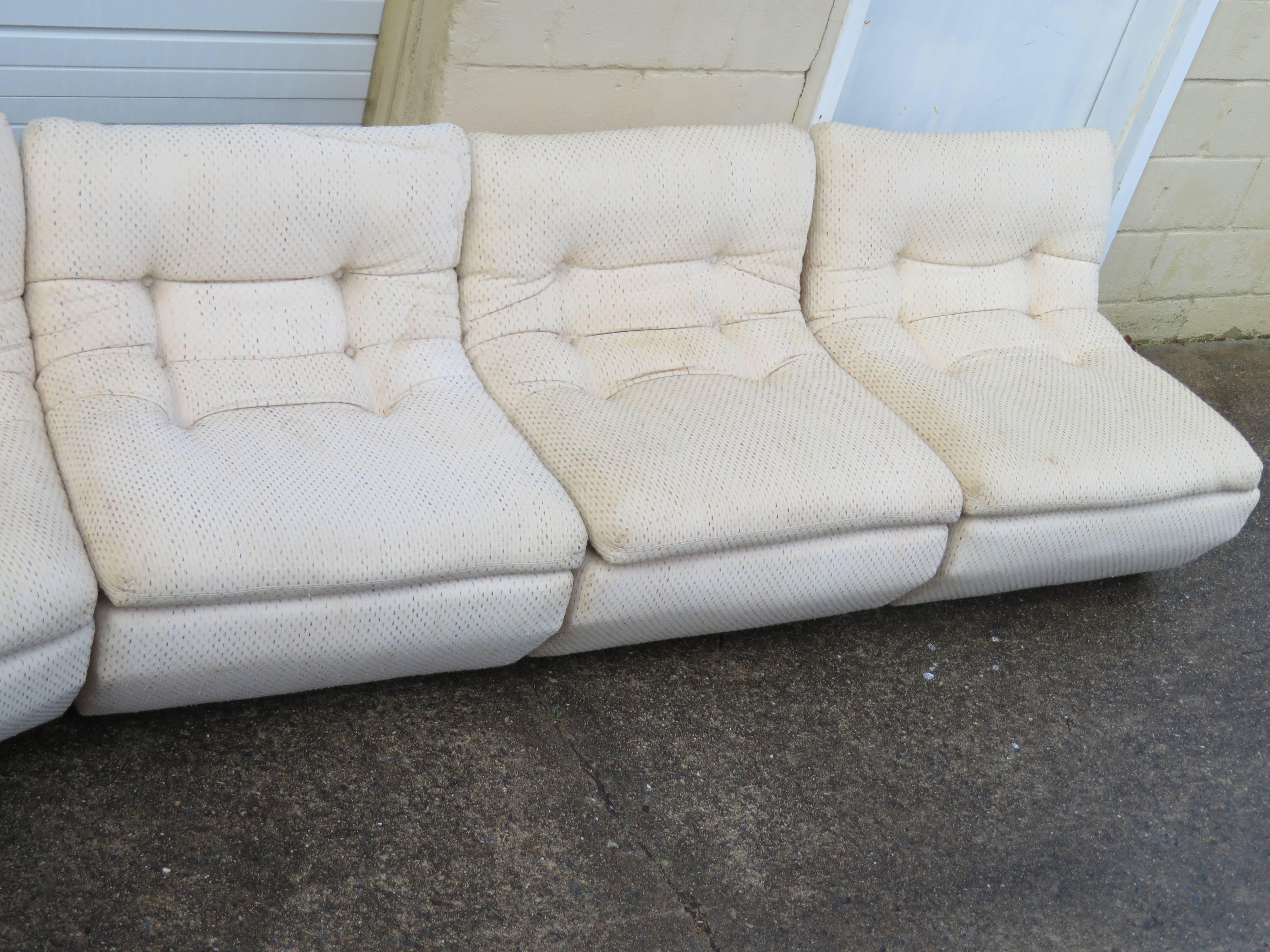 Unusual Vladimir Kagan for Preview six-piece sofa sectional. We have never seen this sofa sectional done quite like this-usually the pieces are more curved and not as angular. We especially love the flexibility of the pieces which can be arranged