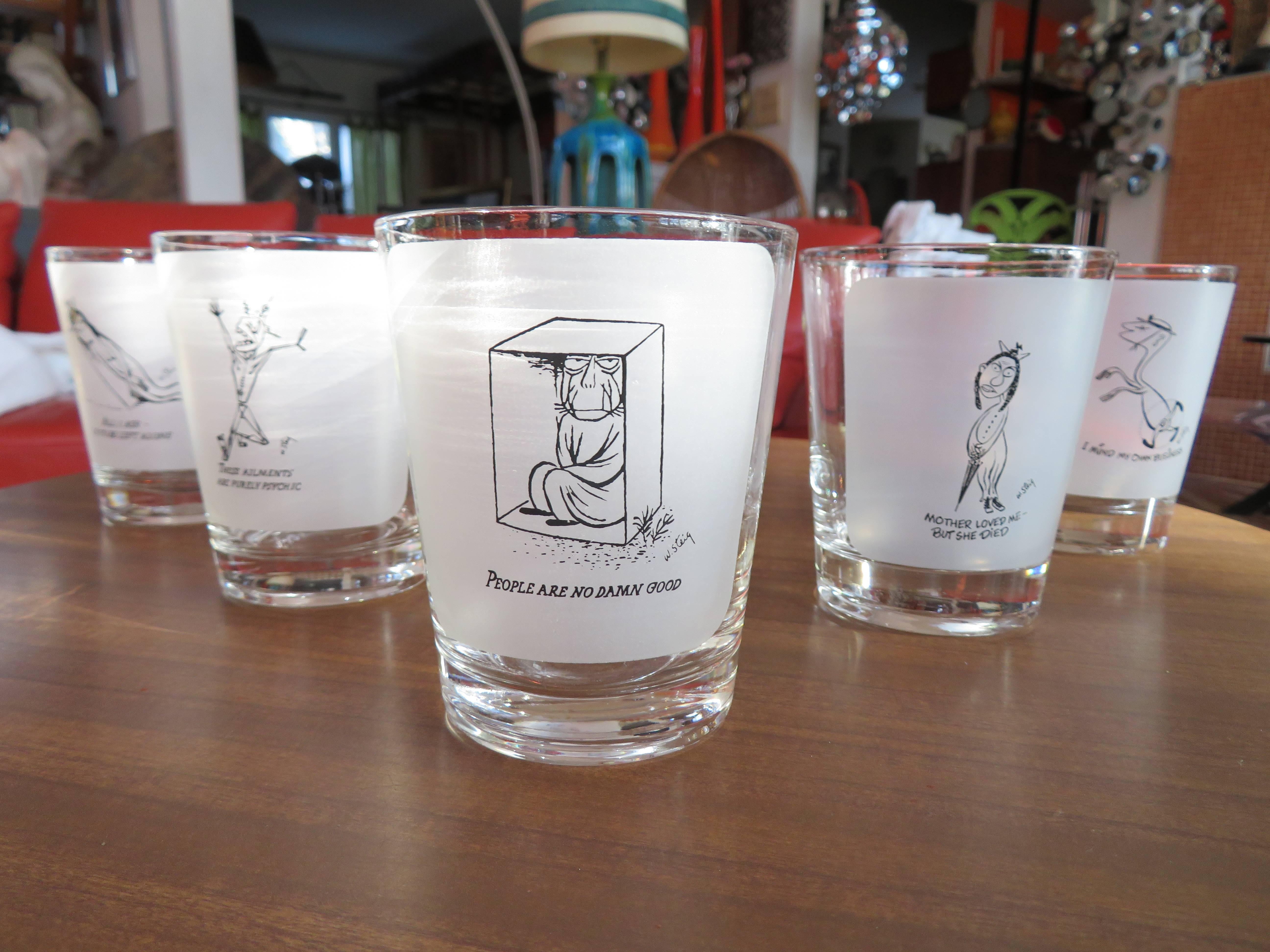 Set of six vintage rocks glasses by William Steig. William Steig created his amusing collection of dysfunctions, The Lonely Ones, in 1942. The popularity of the book inspired these bar glasses, which are most likely, circa 1950s. Steig is better