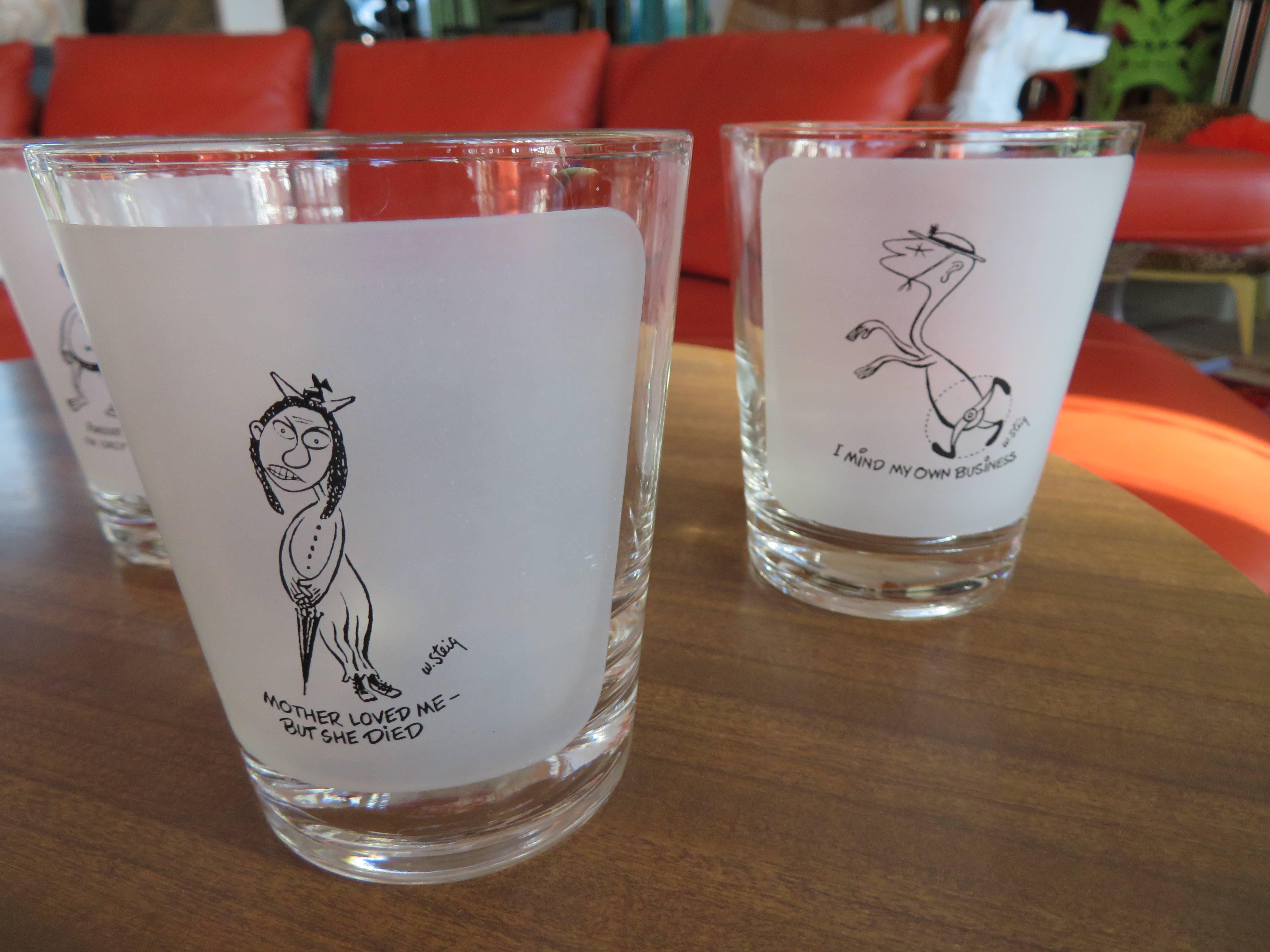 Six Vintage Rocks/Lowball Glasses by William Steig Artist Cartoonist New Yorker 1