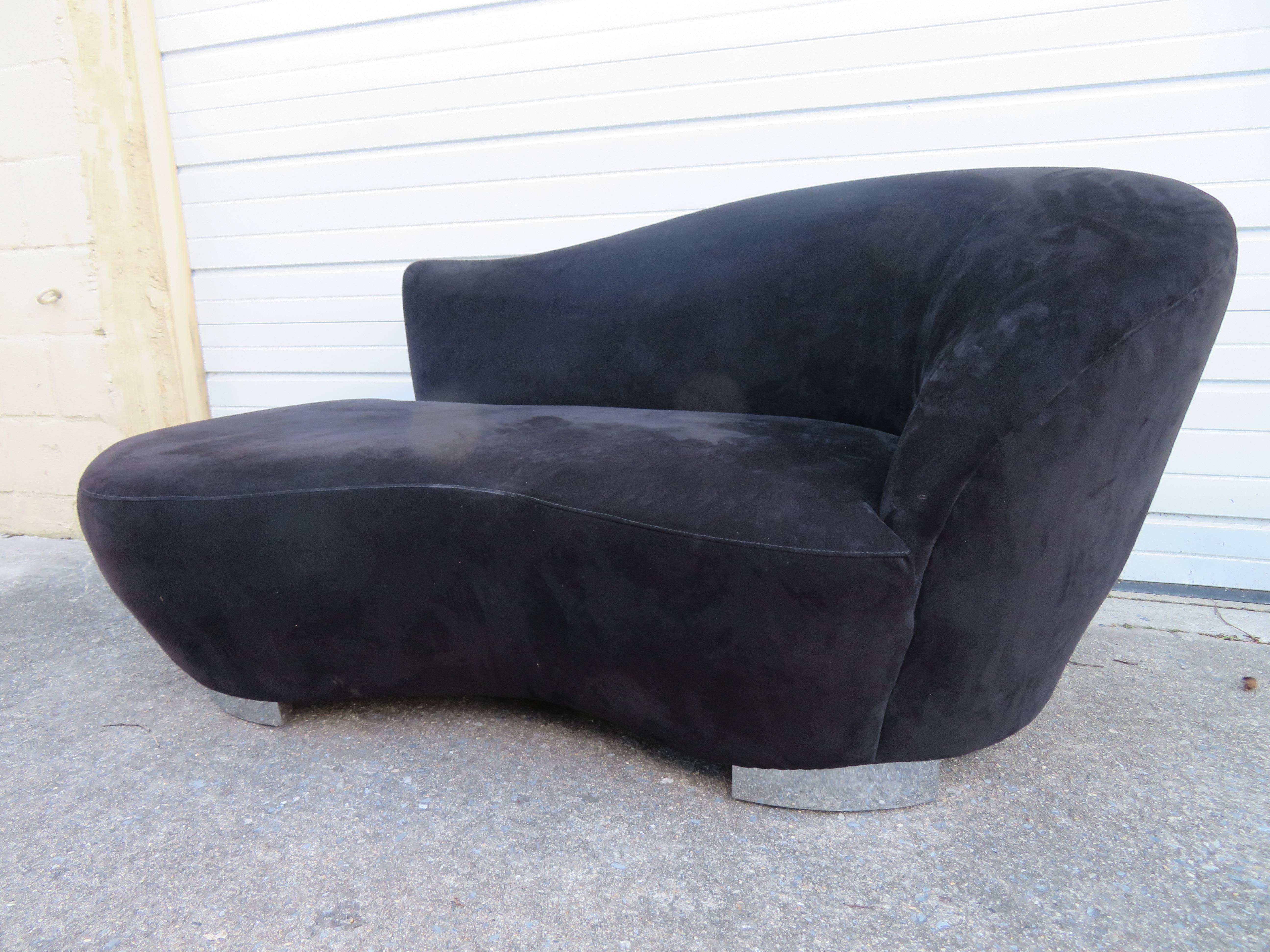 Gorgeous black ultra-suede kidney shaped petite cloud sofa loveseat designed by Vladimir Kagan. This sofa measures 30