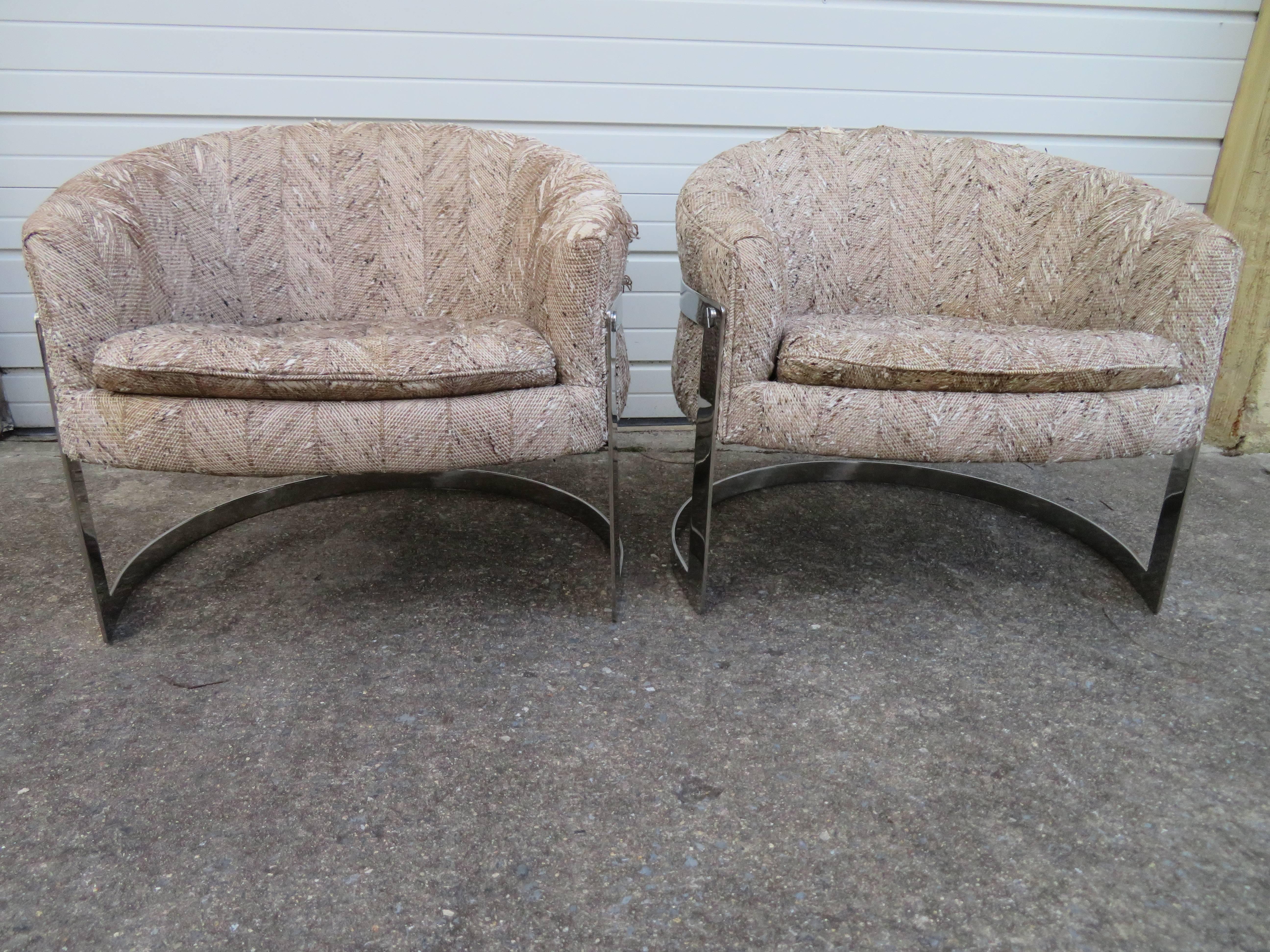 American Pair of Barrel Back Chrome Lounge Chairs, Mid-Century Modern