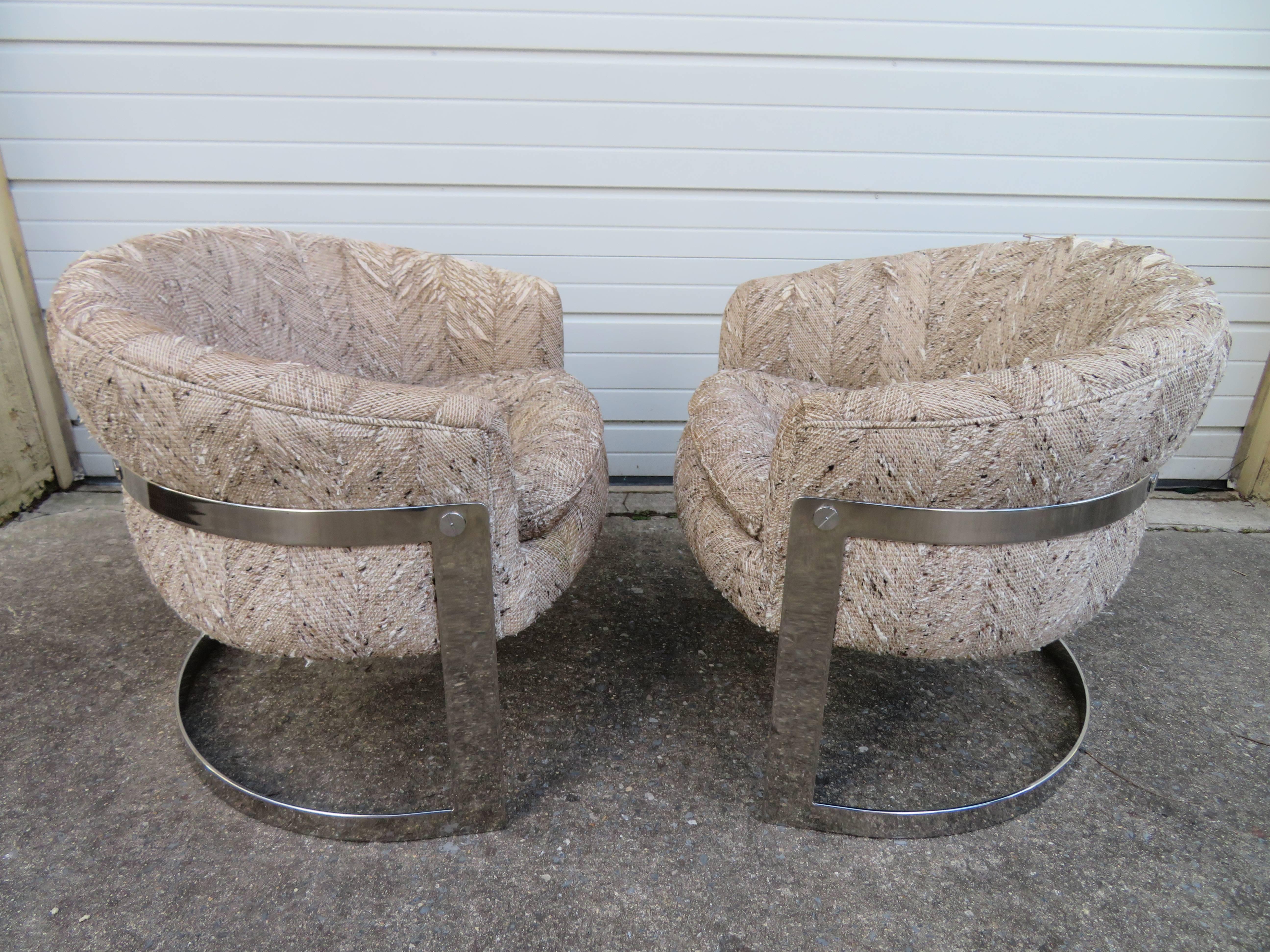 Pair of Barrel Back Chrome Lounge Chairs, Mid-Century Modern 4