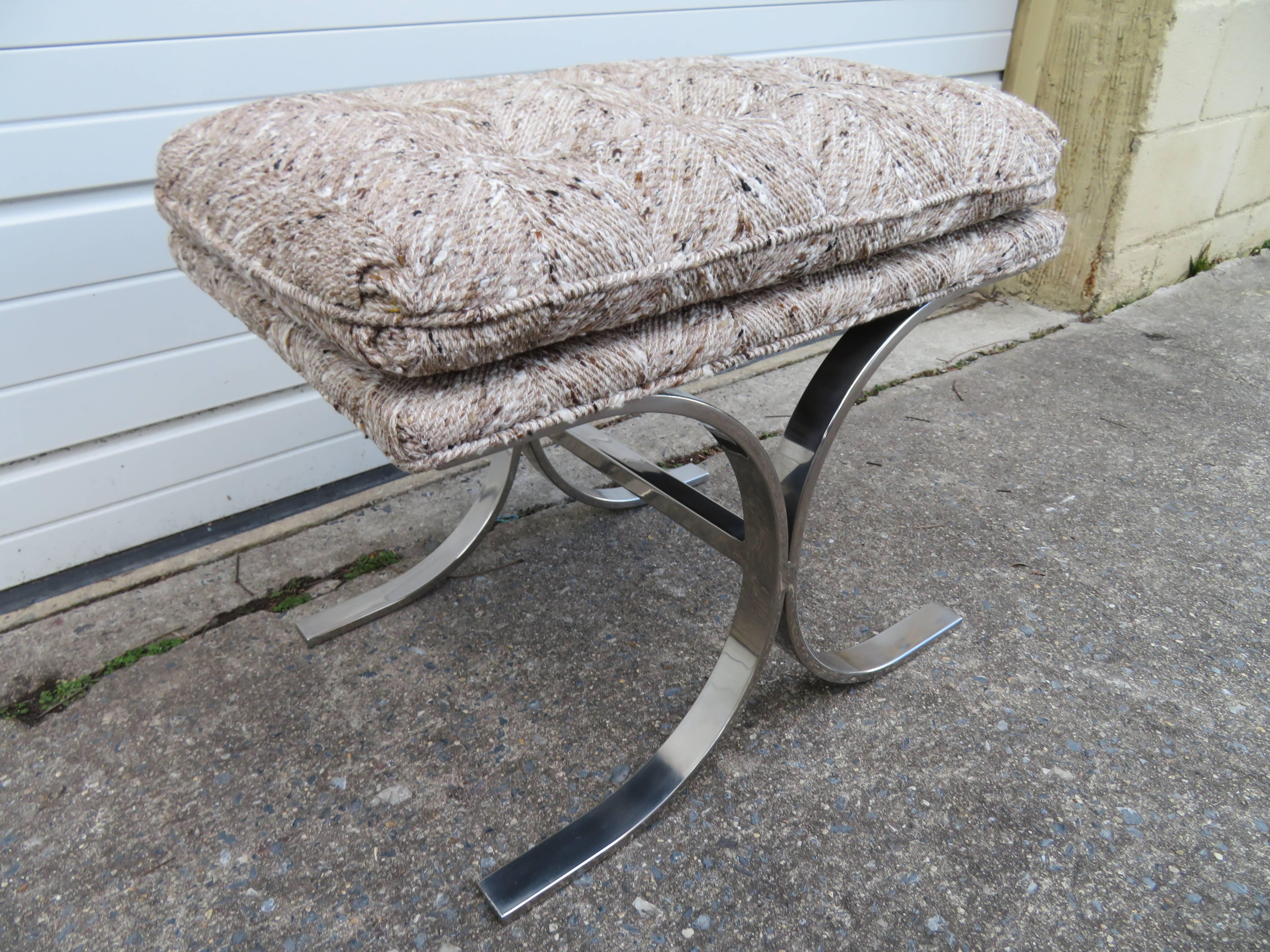Stunning Milo Baughman chrome stool ottoman with original nubby tweed upholstery.