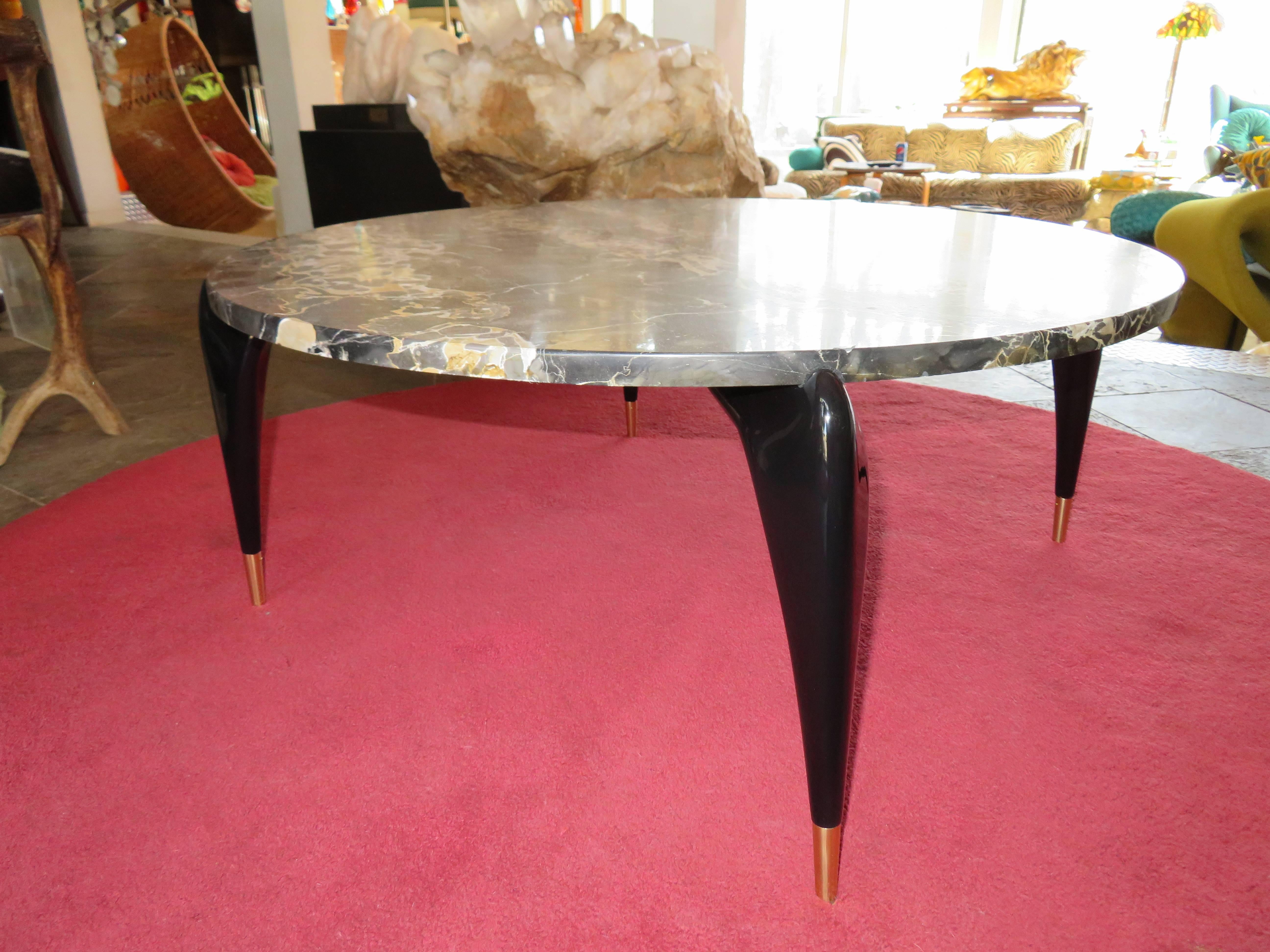 Brass Gio Ponti Attributed Italian Mid-Century Modern Black Lacquered Marble Coffee