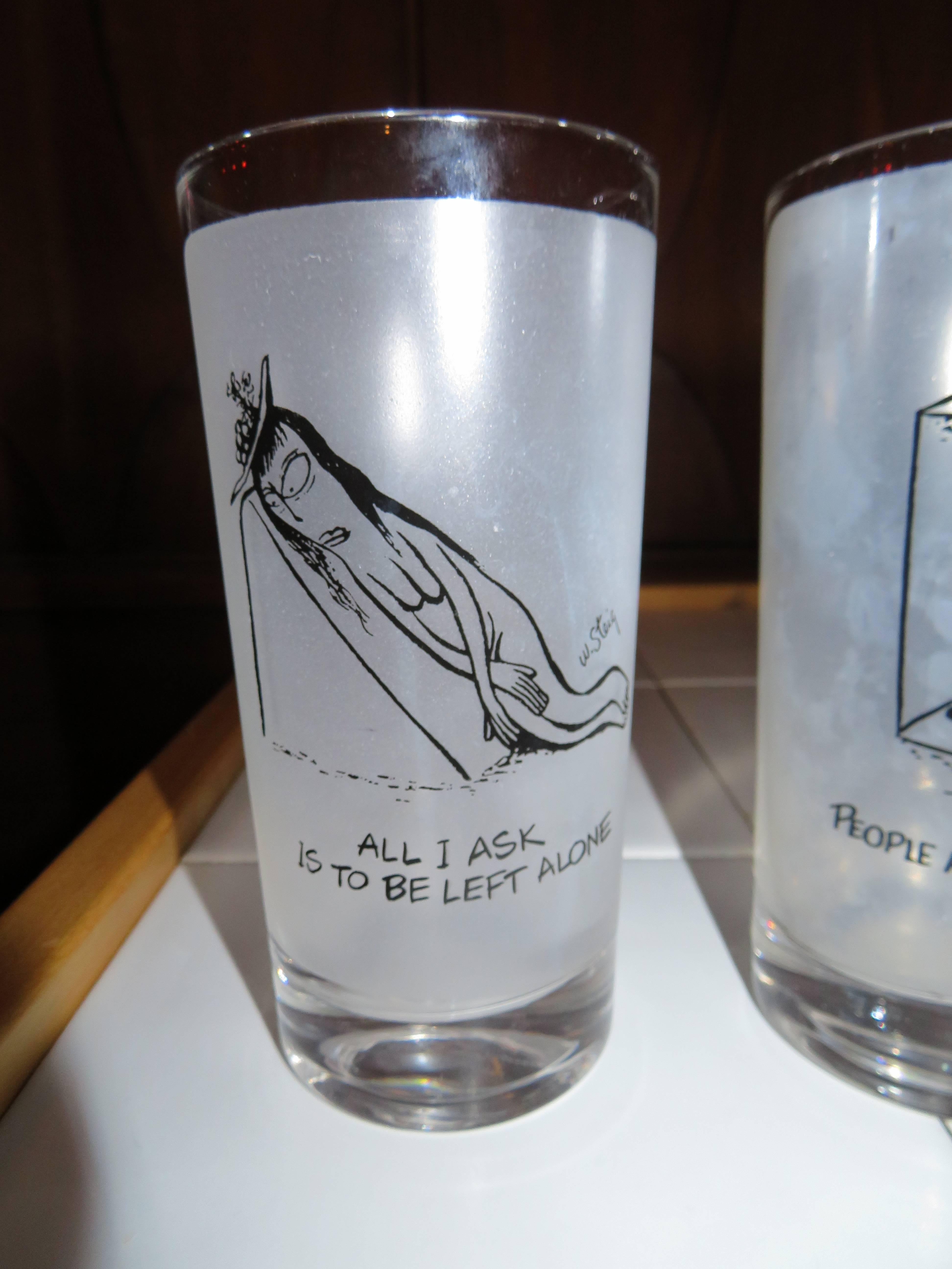 Mid-Century Modern Huit verres longs vintage, William Steig, artiste, dessinateur, New Yorker en vente
