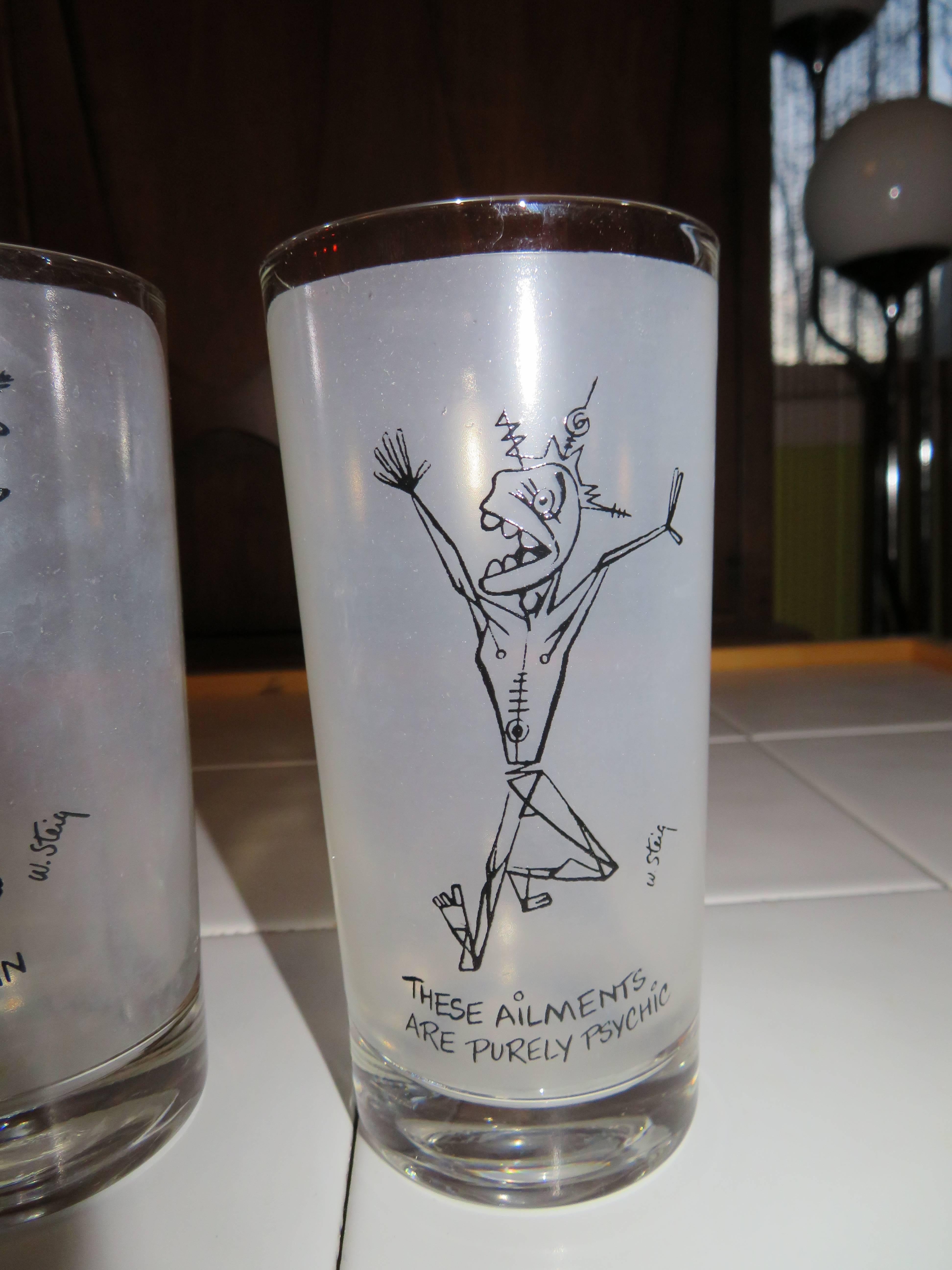 Milieu du XXe siècle Huit verres longs vintage, William Steig, artiste, dessinateur, New Yorker en vente