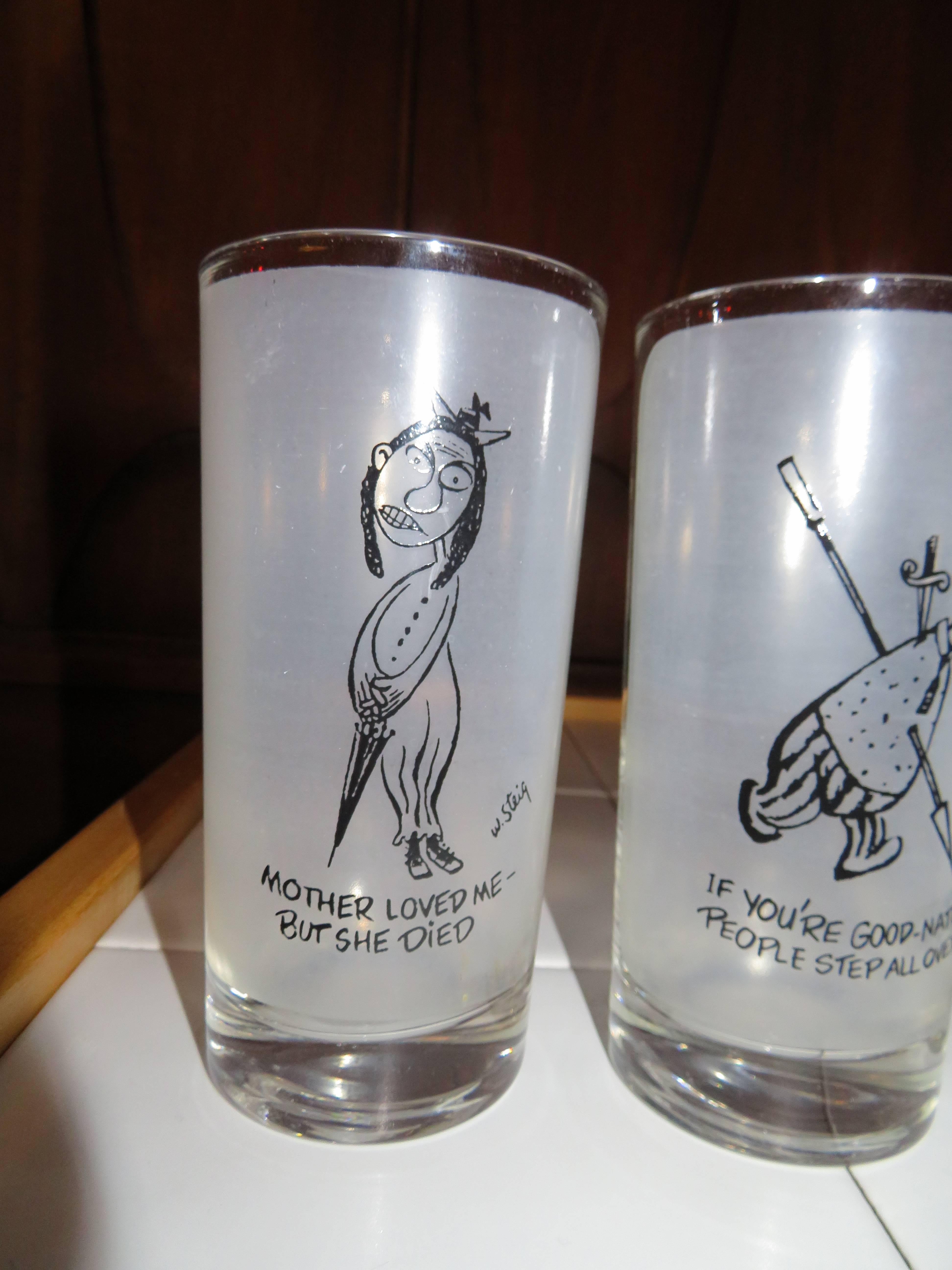 Verre Huit verres longs vintage, William Steig, artiste, dessinateur, New Yorker en vente