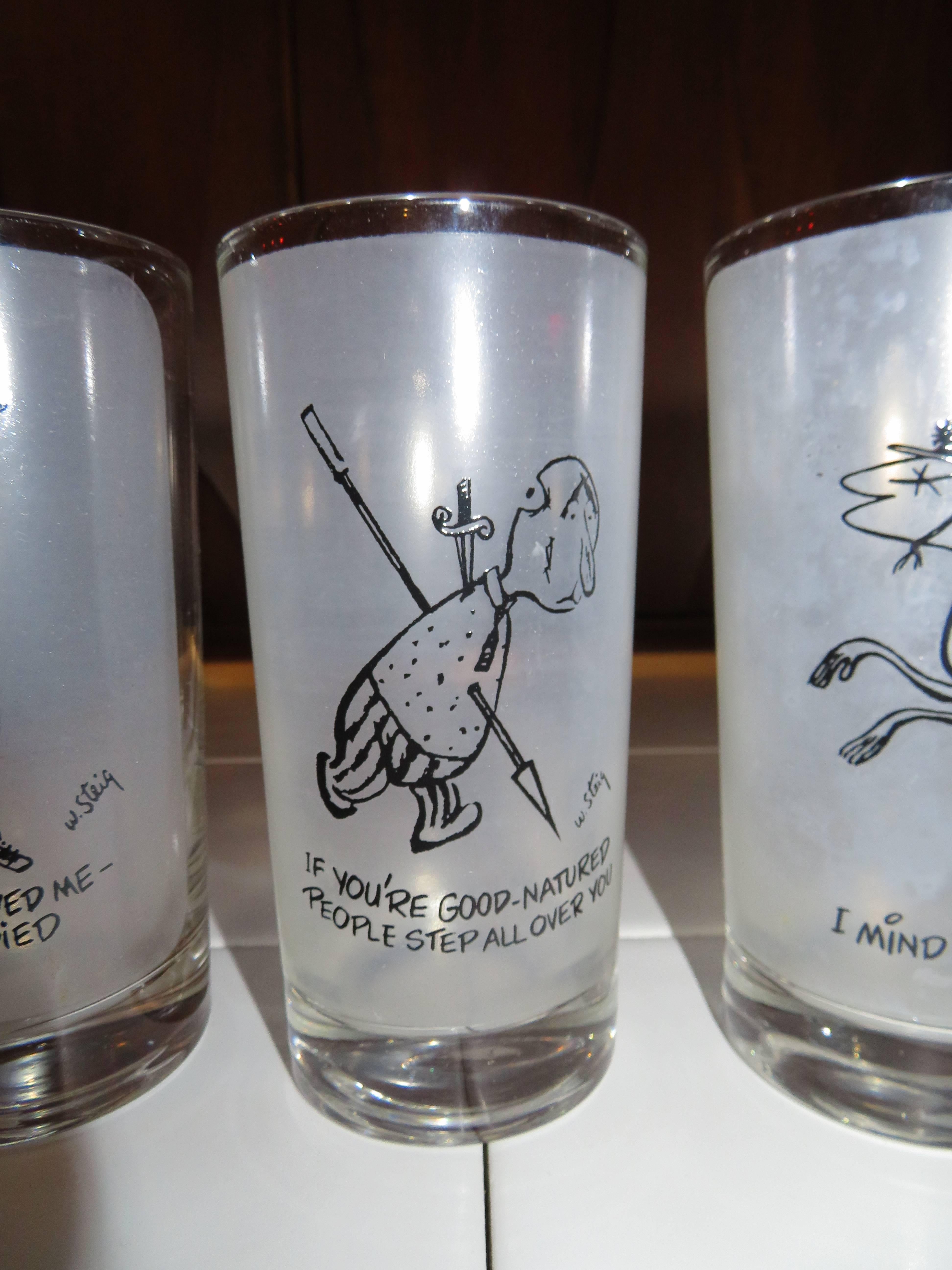 Eight Vintage Highball Glasses, William Steig, Artist, Cartoonist, New Yorker In Good Condition For Sale In Pemberton, NJ