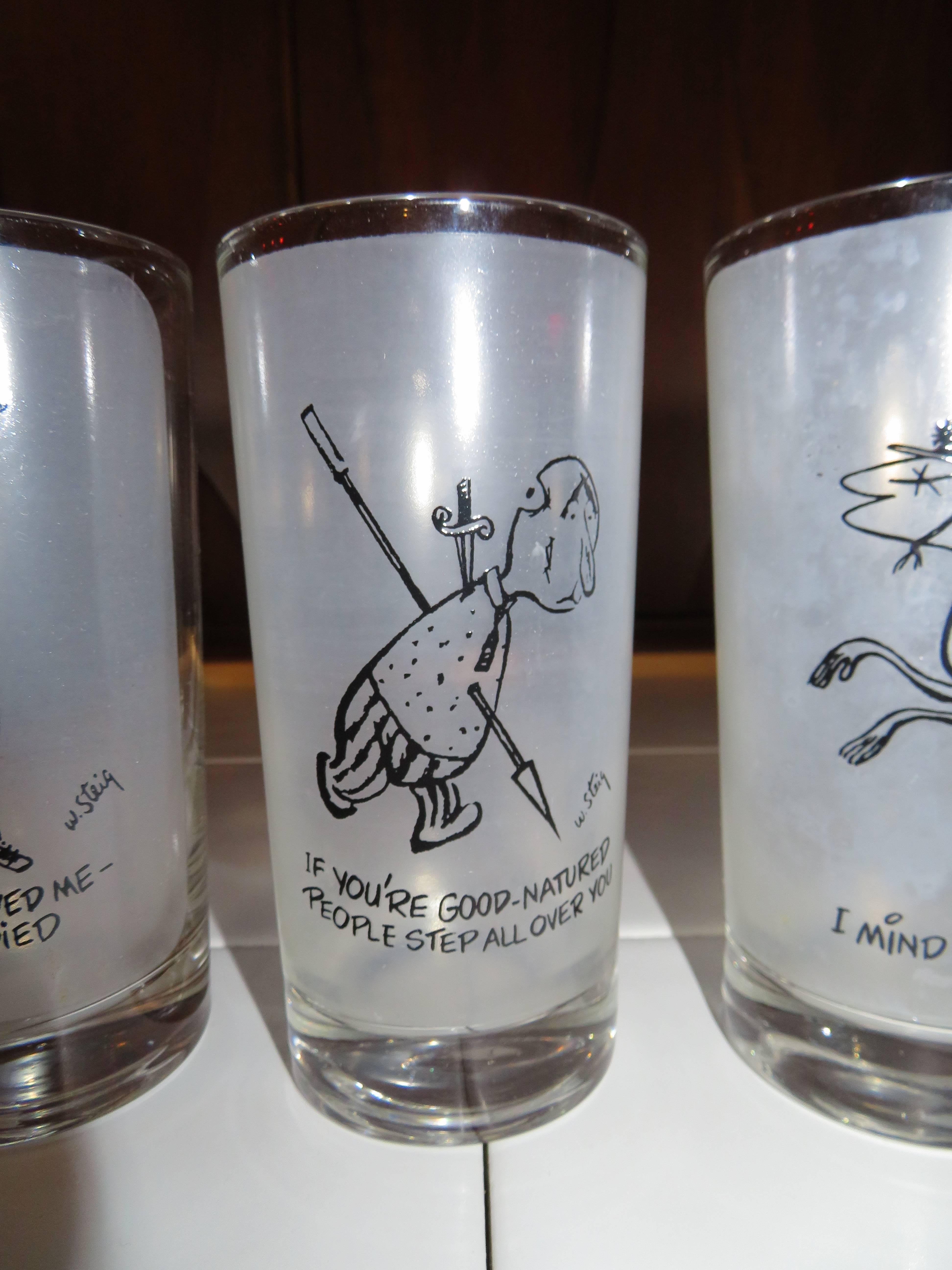 Mid-20th Century Eight Vintage Highball Glasses, William Steig, Artist, Cartoonist, New Yorker For Sale