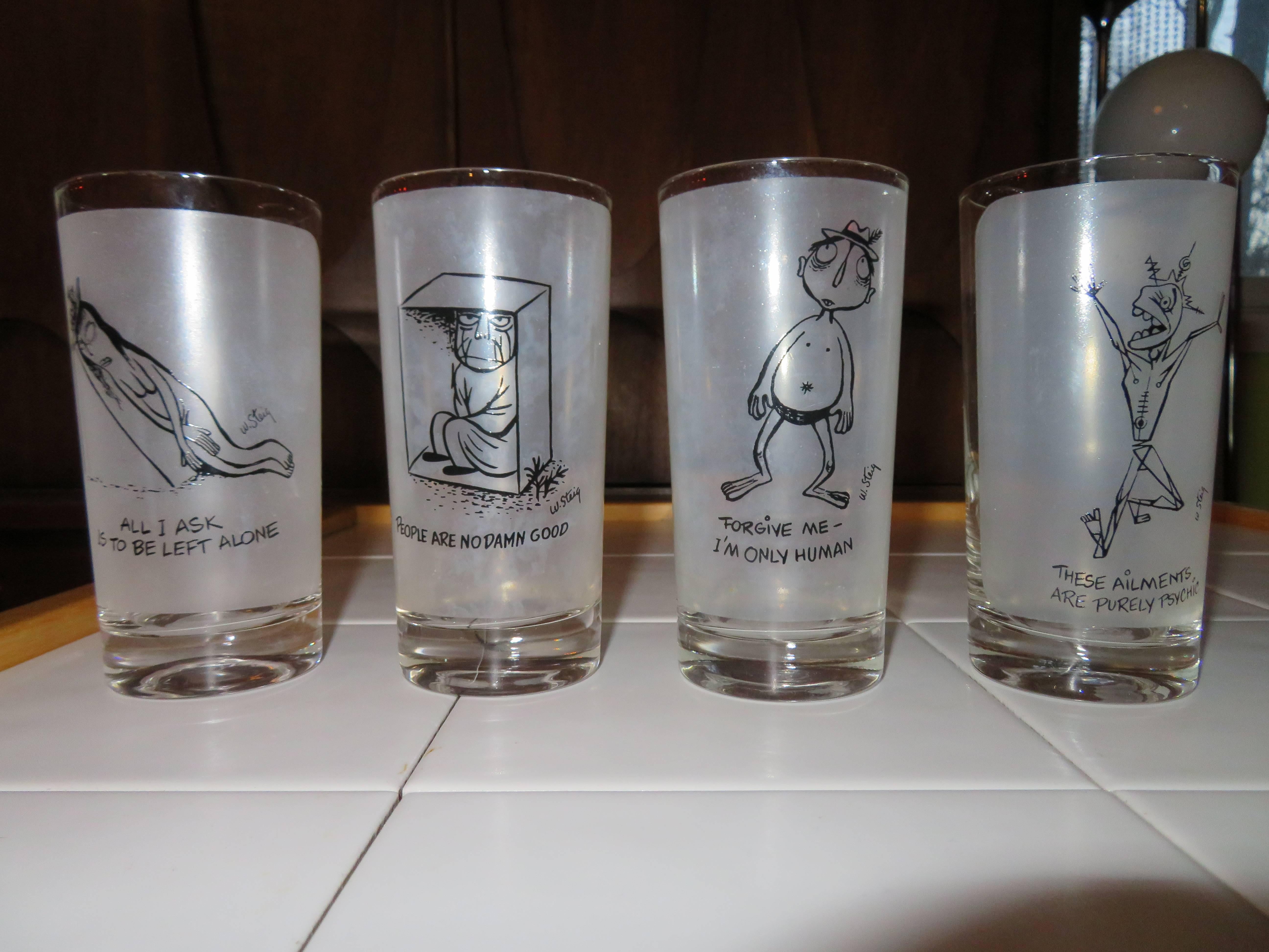 Set of eight vintage highball glasses by William Steig. William Steig created his amusing collection of dysfunctions, The Lonely Ones, in 1942. The popularity of the book inspired these bar glasses, which are most likely, circa 1950s. Steig is