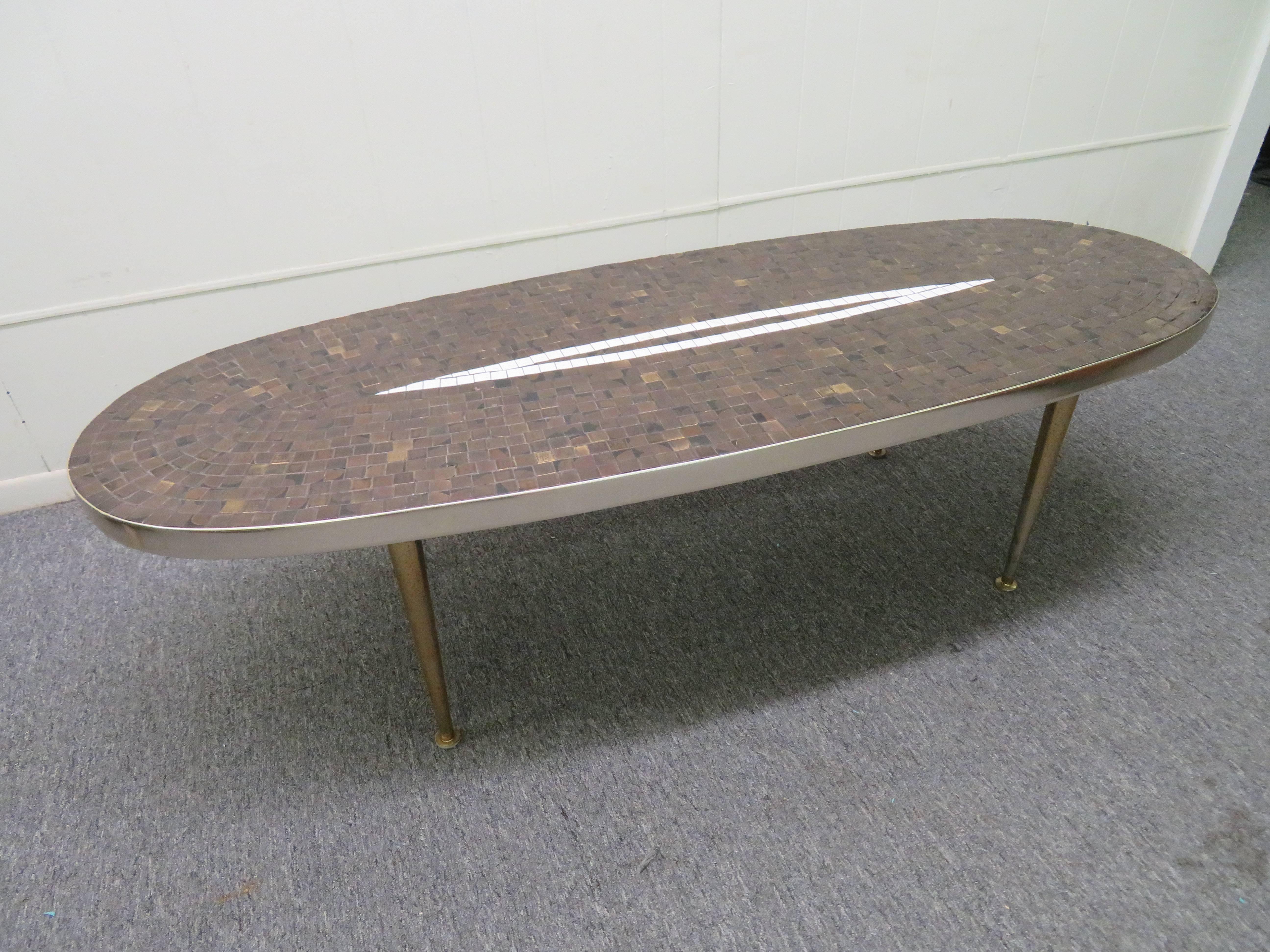 Metal Classic Mid-Century Tile Mosaic Top Oval Coffee Table