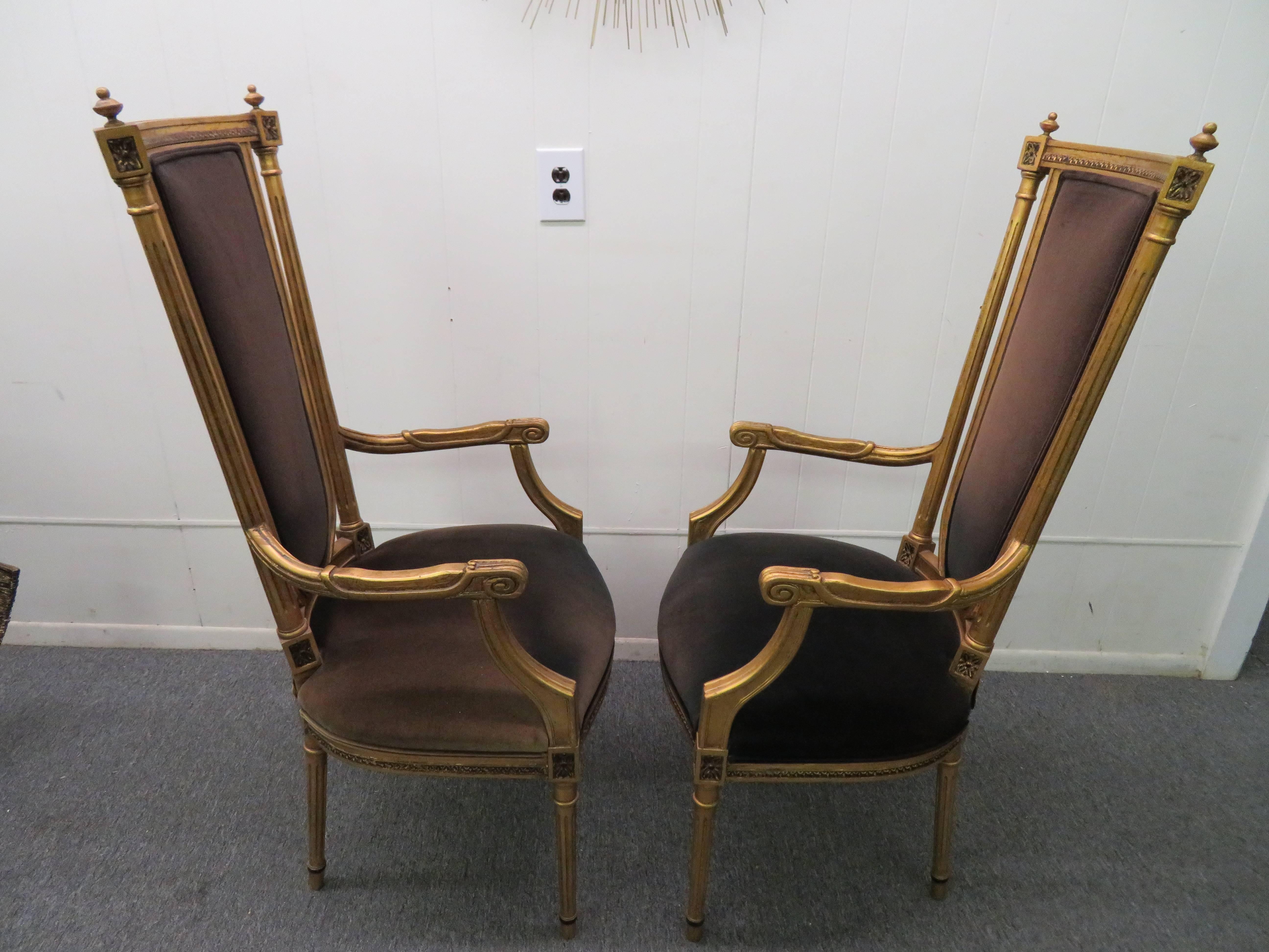 American Pair of Hollywood Regency Maison Jansen Style Neoclassical Gilded Gold Armchairs