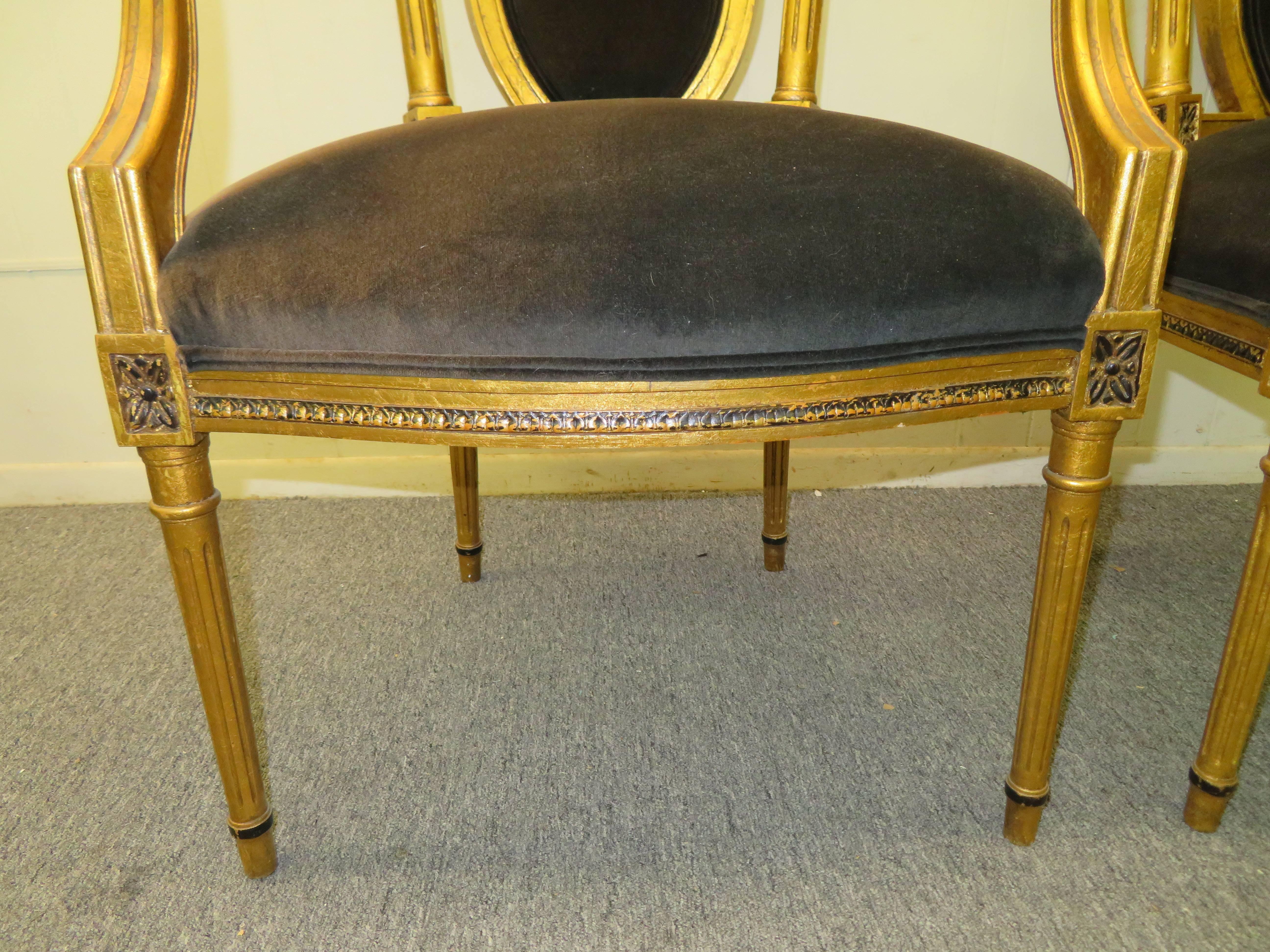 Pair of Hollywood Regency Maison Jansen Style Neoclassical Gilded Gold Armchairs 1