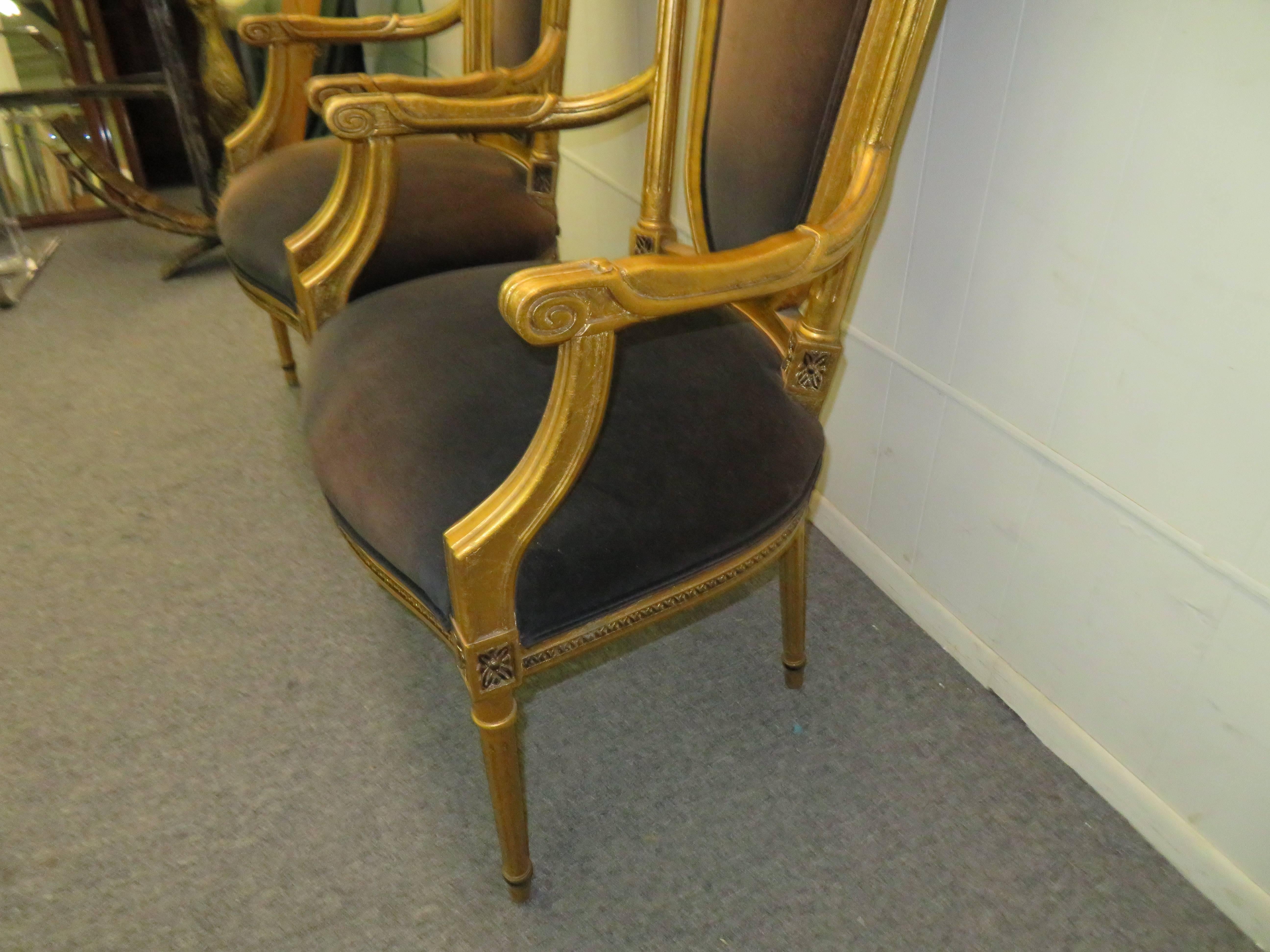 Pair of Hollywood Regency Maison Jansen Style Neoclassical Gilded Gold Armchairs 4