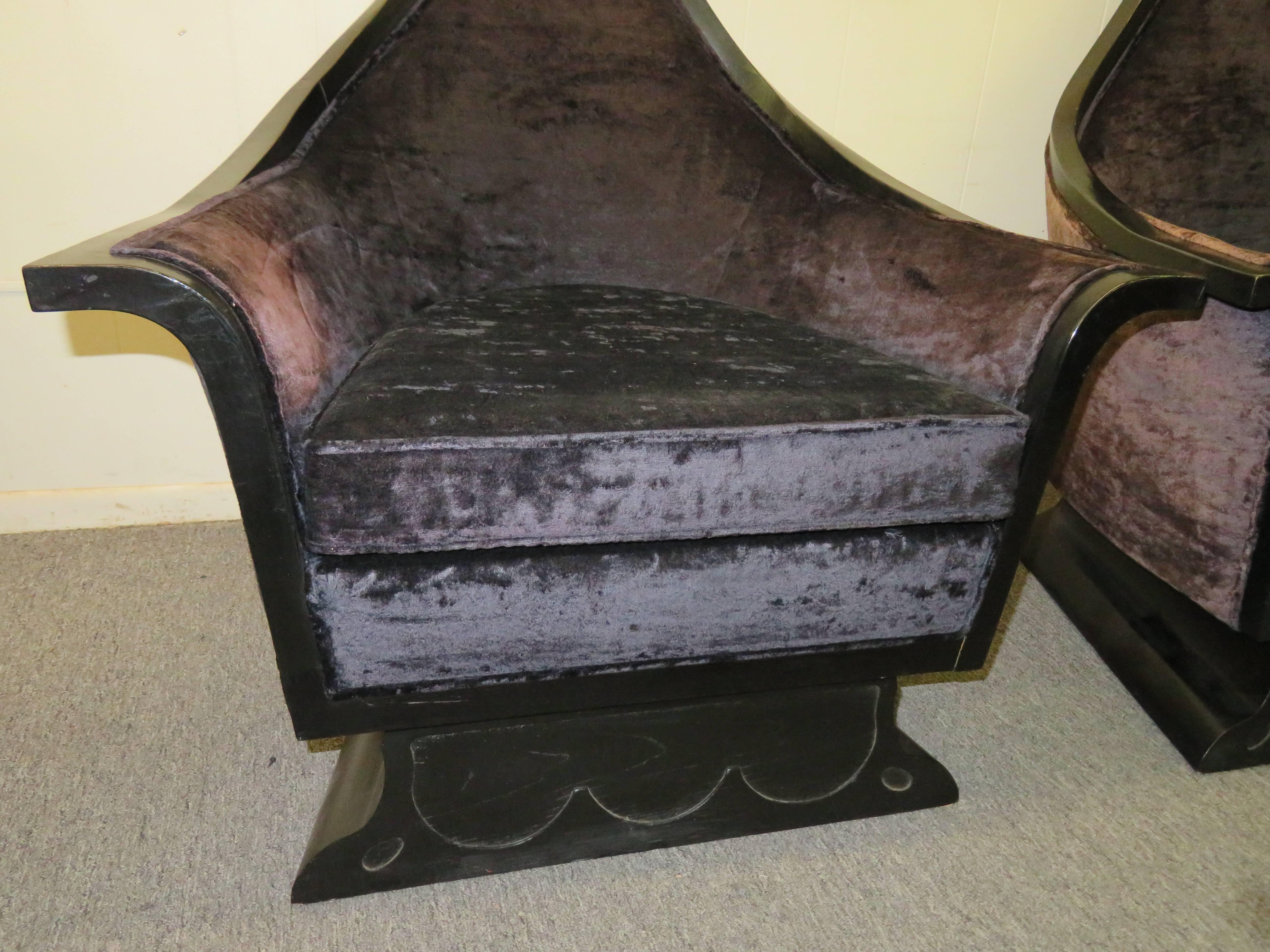Pair of Hollywood Regency James Mont Style Black Lacquered Chairs, Mid-Century 3