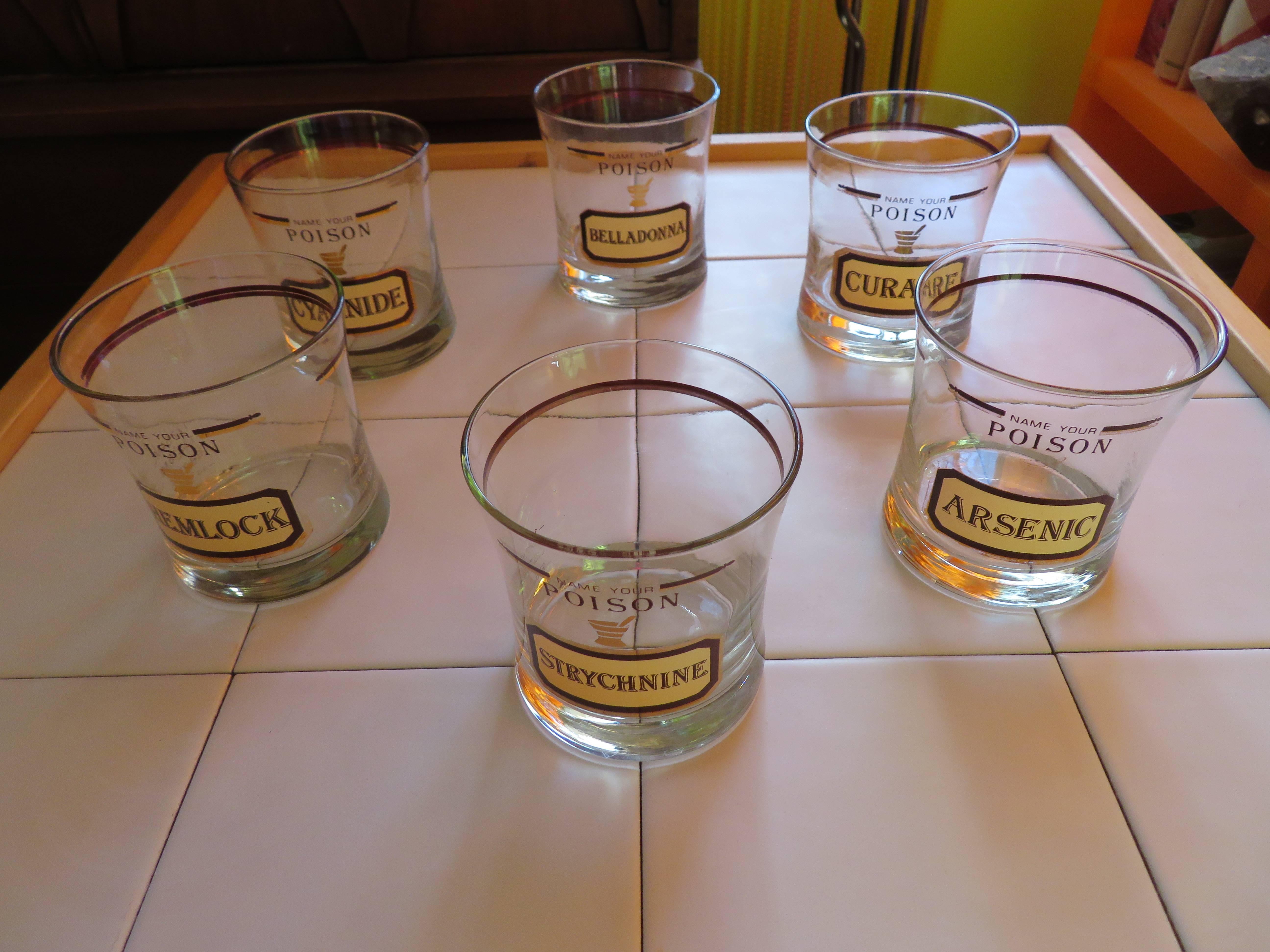 Fun set of six name your poison rocks glasses with matching ice bucket. Very rare to have the ice bucket included.